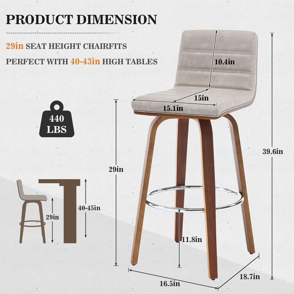 Bar Stools 29 Inch Bar Height, Swivel Bar Stools with Backs Upholstered PU Leather Barstool, L Shape Back and Padded Seat, Mid-Century Modern Bar Stool Pub Chairs for Kitchen Counter Island, Black