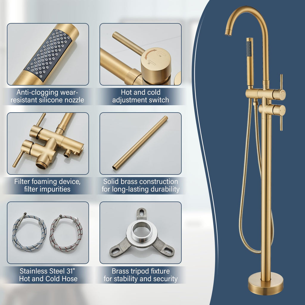 Brushed Gold Freestanding Bathtub Faucet with Hand Shower Tub Filler Faucet Floor Mounted High Flow Single Handle Bath Filler Solid Brass