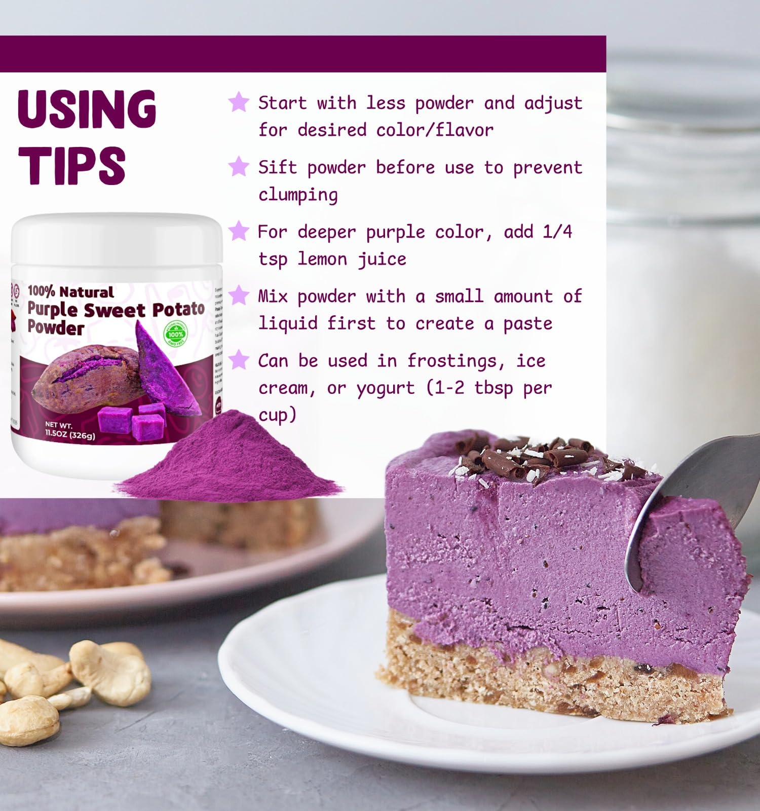 Purple Sweet Potato Powder 11.5oz (326g) - Natural Food Coloring for Baking, Drinks & Smoothies｜Ube/Purple Yam Alternative, Non-GMO, Gluten-Free, Resealable Pack