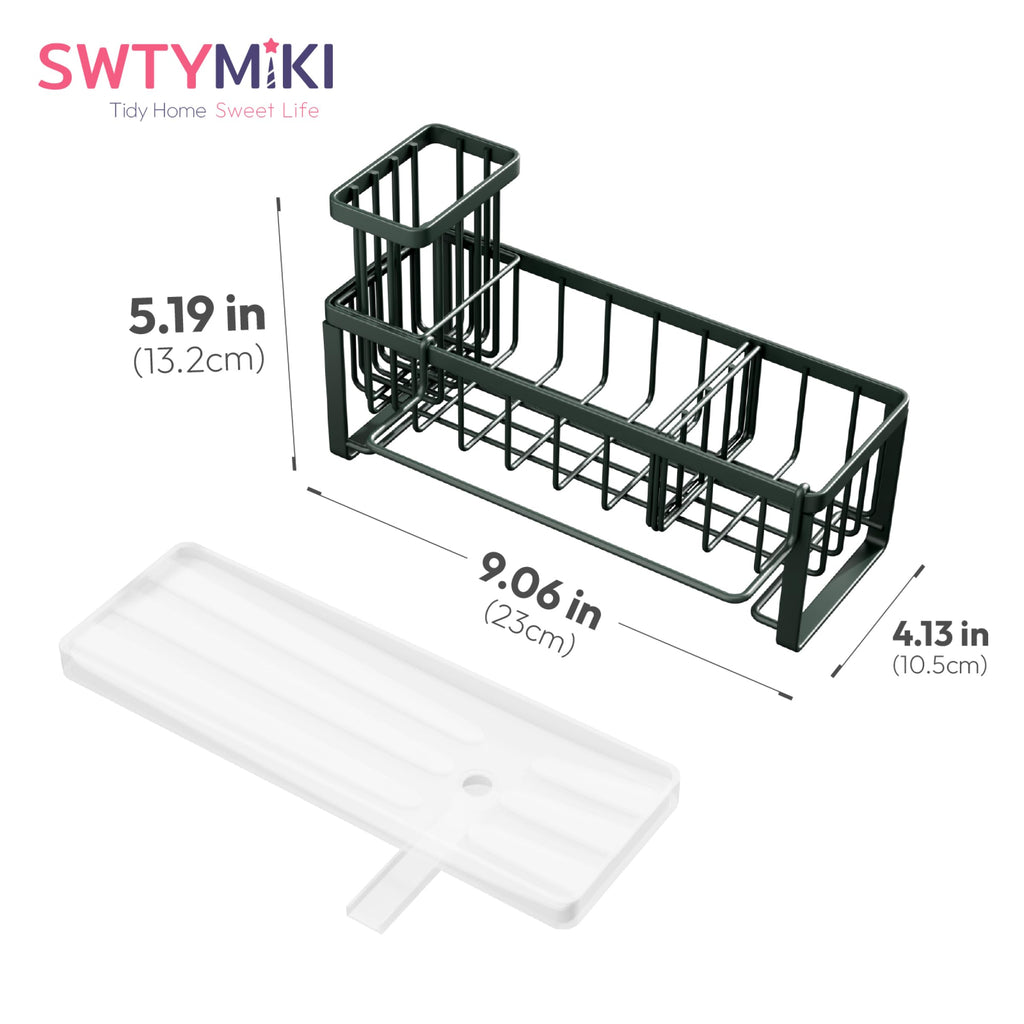 SWTYMIKI Sponge Holder for Kitchen Sink - Sink Caddy with Brush Holder Self-draining Sponge Caddy Organizer with Divider Stainless Steel Kitchen Accessories Storage for Countertop, Black