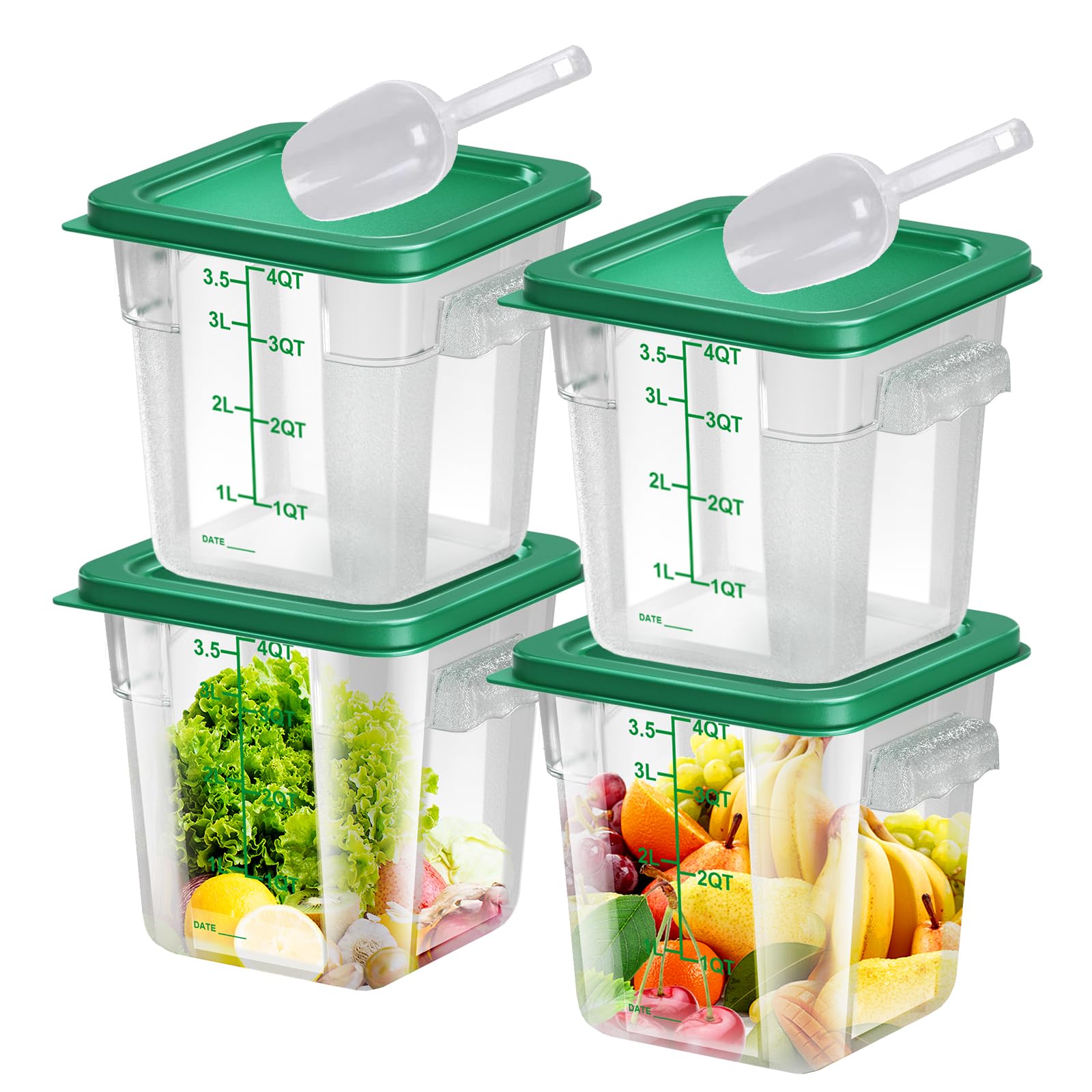 6 pcs 2qt Food Storage Containers with Lid, Square Clear Commercial Storage Containers with Handle and Scale for Food Storage in Home Kitchen & Dining (Green)