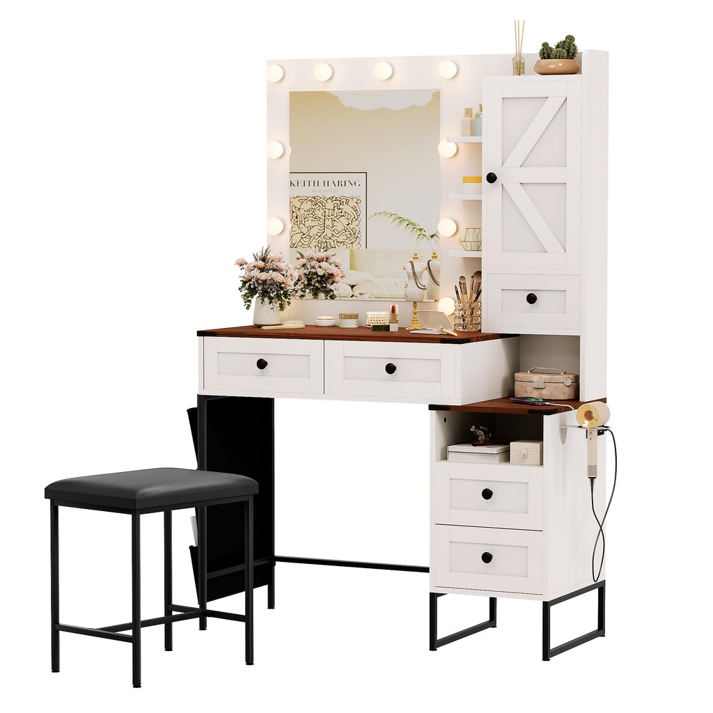 YIKEHOME Makeup Vanity Desk with Mirror and 10 Lights, 3-Colour Hollywood Brighter Bulbs, Vanity Table Set with Large Drawers and and Charging Station for Bedroom Dressing Room White