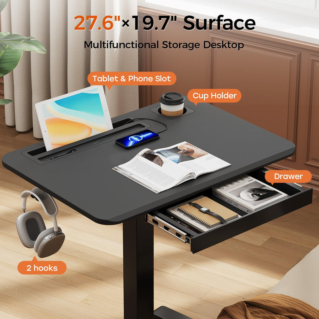 Small Mobile Standing Desk with Drawer, 23.6"x19.7" Rolling Laptop Cart on Wheels, Height Adjustable Sit Stand Computer Workstation with Storage for Compact Space, Black