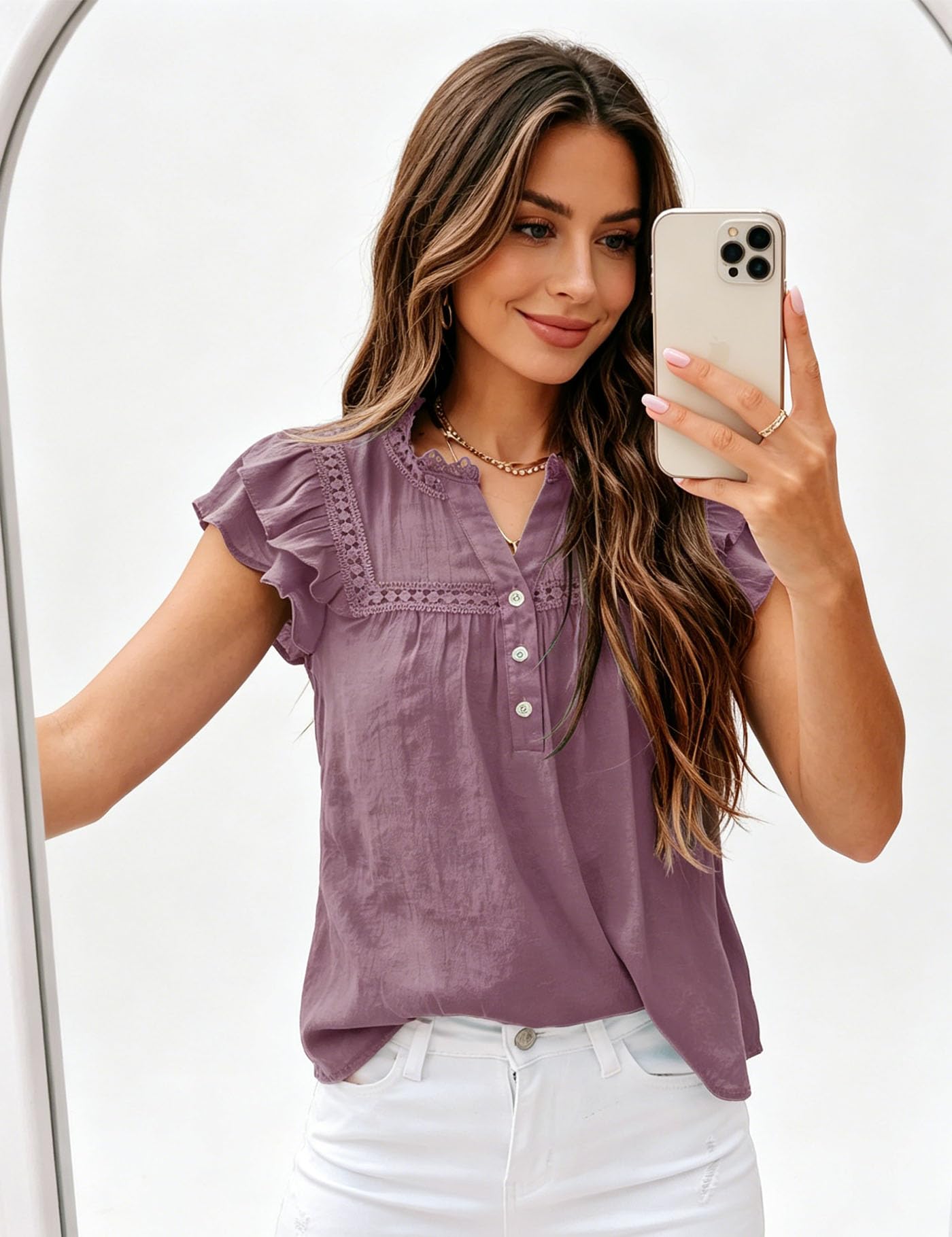 Women's V Neck Lace Crochet Shirts Button Down Short Sleeve Casual Blouse Tops