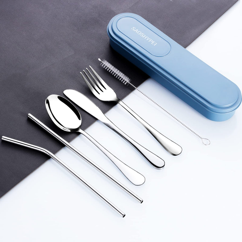 SAOSHYPEI 4-Piece Portable Utensils Set with Travel Case, Reusable Food-Grade Stainless Steel Silverware (Knife, Fork, Spoon), Dishwasher Safe Flatware for Camping, Work Lunch & Picnic, Black