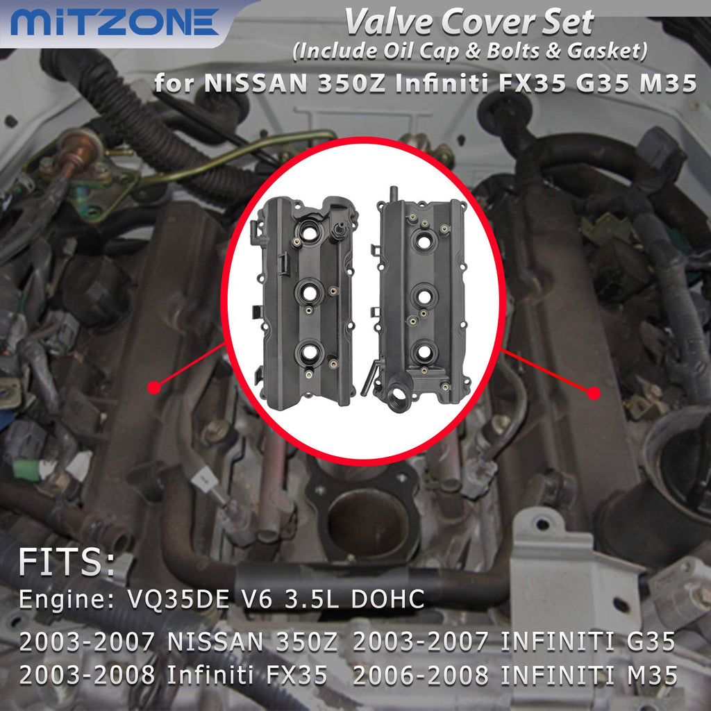 MITZONE Engine Valve Cover Set with Bolts & Oil Cap & Gaskets & Spark Plug Tube Seals & P CV Cover Compatible with 2003-2008 Nissan 350Z Infiniti FX35 G35 M35 VQ35DE 3.5L Part# 13264AM600 13264AM610