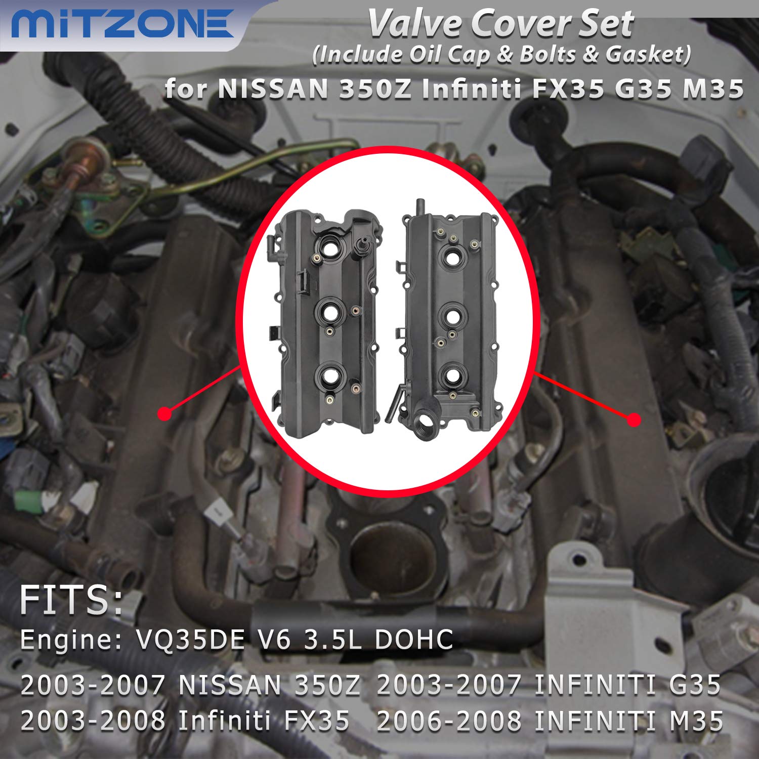 MITZONE Engine Valve Cover Set with Bolts & Oil Cap & Gaskets & Spark Plug Tube Seals & P CV Cover Compatible with 2003-2008 Nissan 350Z Infiniti FX35 G35 M35 VQ35DE 3.5L Part# 13264AM600 13264AM610