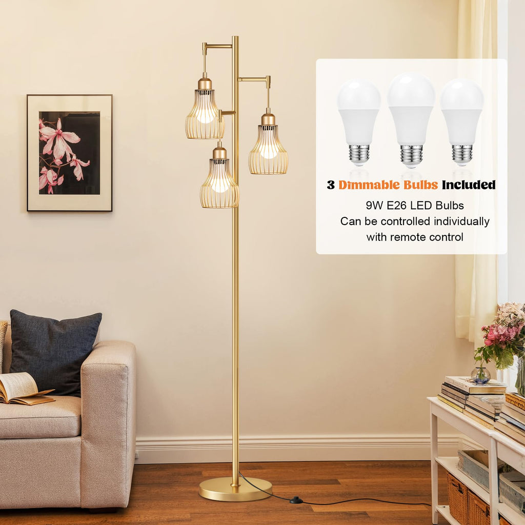 Ziisee Dimmable Floor Lamps for Living Room, Industrial Tree Standing Tall Lamps with 3 Elegant Cage Shade & 800 Lumens LED Bulbs for Bedroom Office - Brown