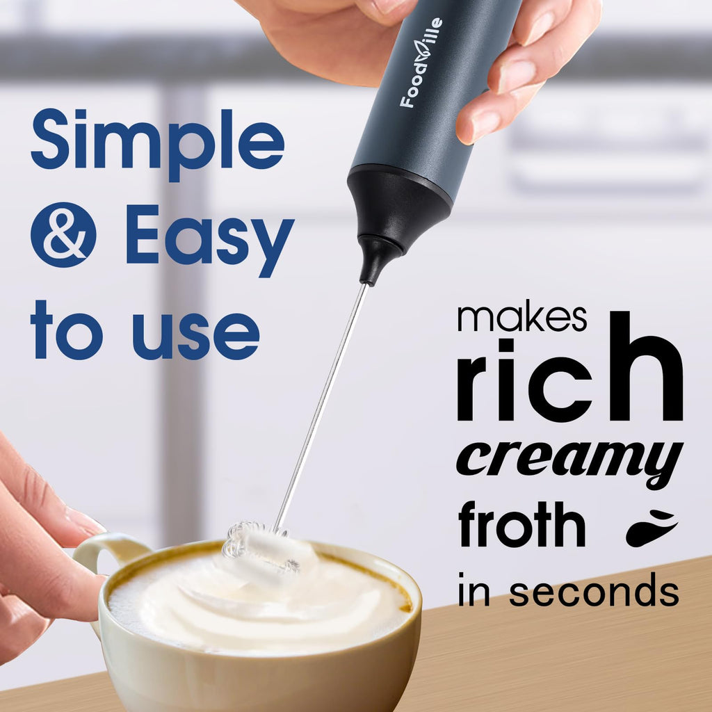 FoodVille MF05 Rechargeable Milk Frother USB Charging Handheld Foam Maker with Stainless Balloon Whisk for Cappuccino, Latte, Bulletproof Coffee, Keto Diet, Protein Powder, Matcha (Black)