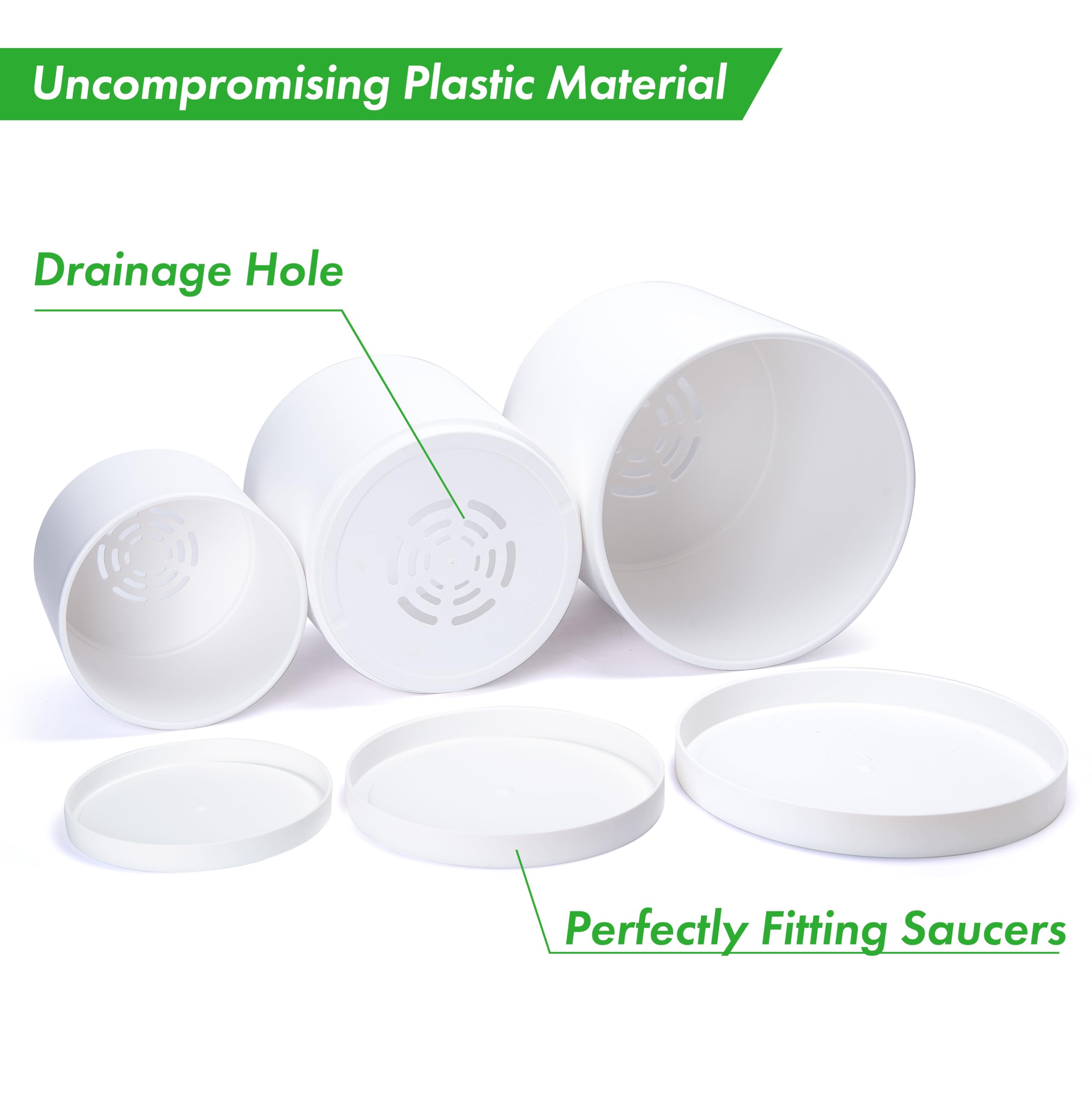 D'vine Dev 6.5 Inch 8 Inch 10 Inch, Set of 3 Plastic Planter Pots for Plants with Drainage Hole and Seamless Saucers, Black Color, Large, 74-V-B-4