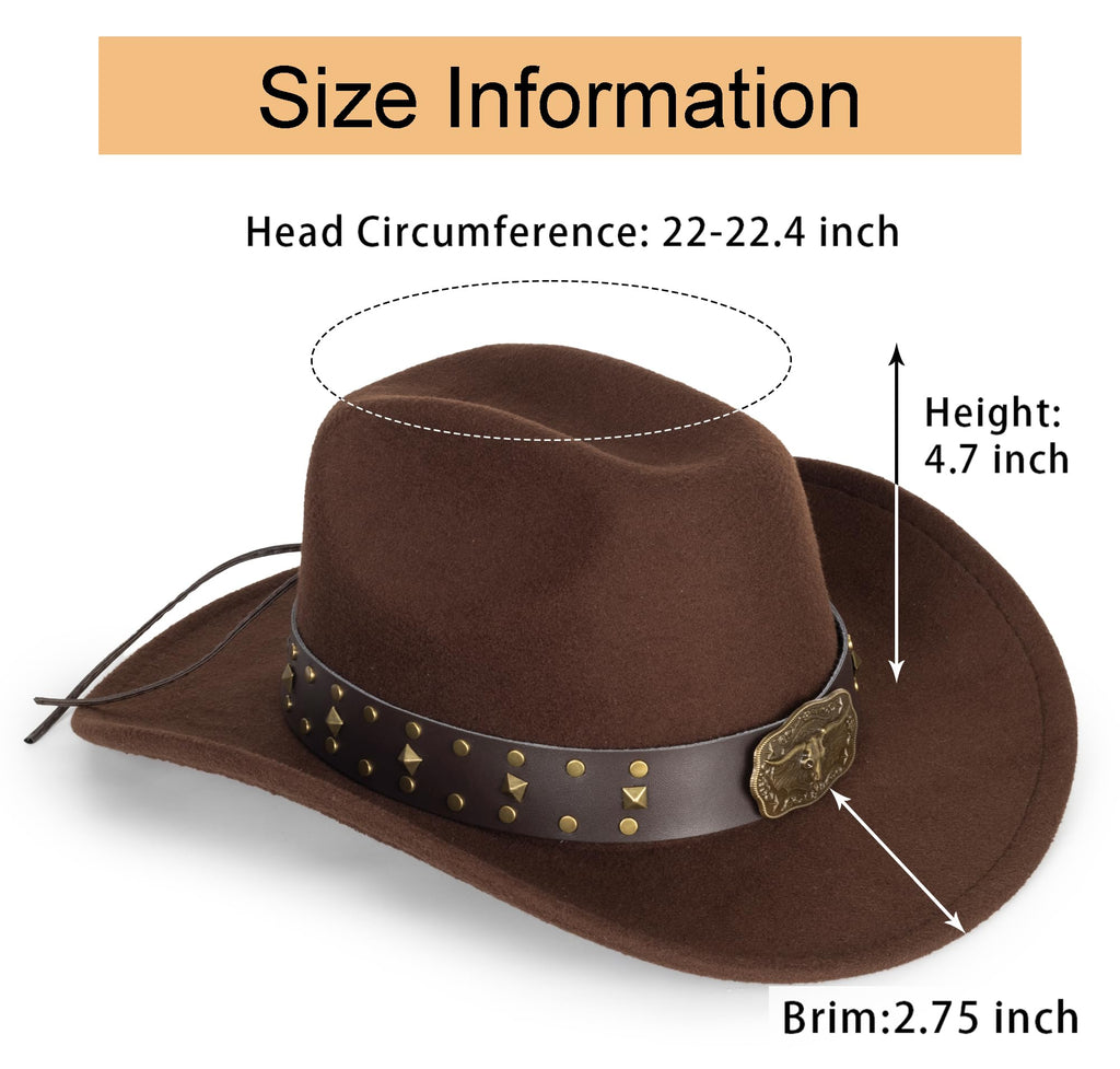Eohak Womens Western Cowboy Hats Studded Pinched Western Cowgirl Hats Wide Brim Fedoras Hat with Belt Buckle (Size:Medium)