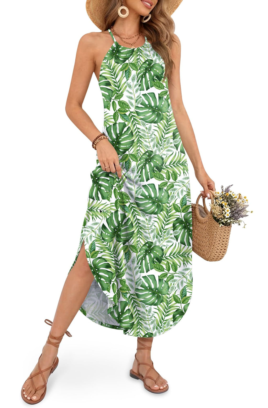 For G and PL Women's Summer Casual Halter Side Slit Maxi Beach Dress Resort Vacation Cruise Wear Sundress