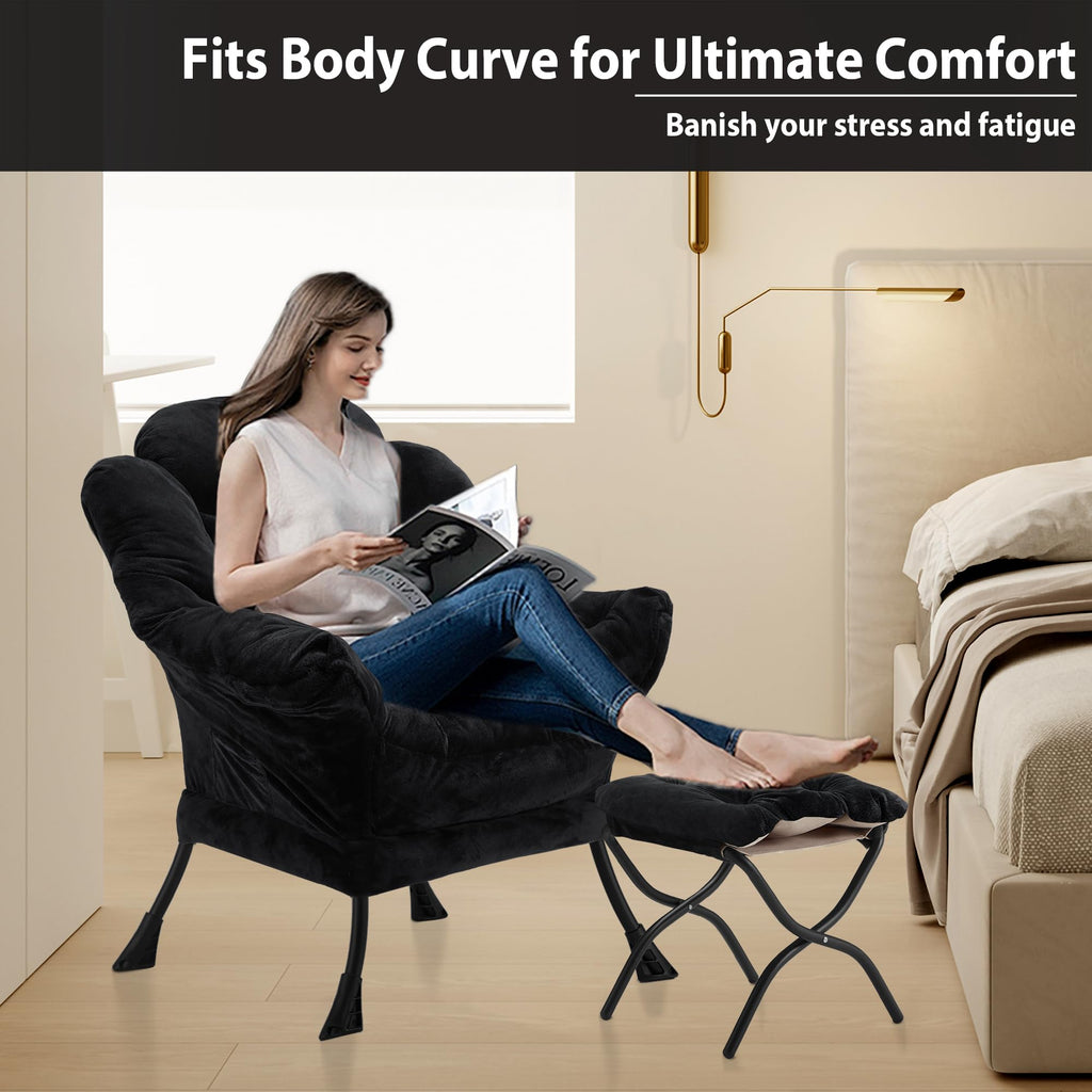 Youtanic Lazy Chair with Folding Ottoman, Accent Chair Velvet Upholstered with Metal Structure and Non-Slip Pads, Sofa Armchair with Footrest and Side Storage Bag for Dorm, Room, Office, Beige