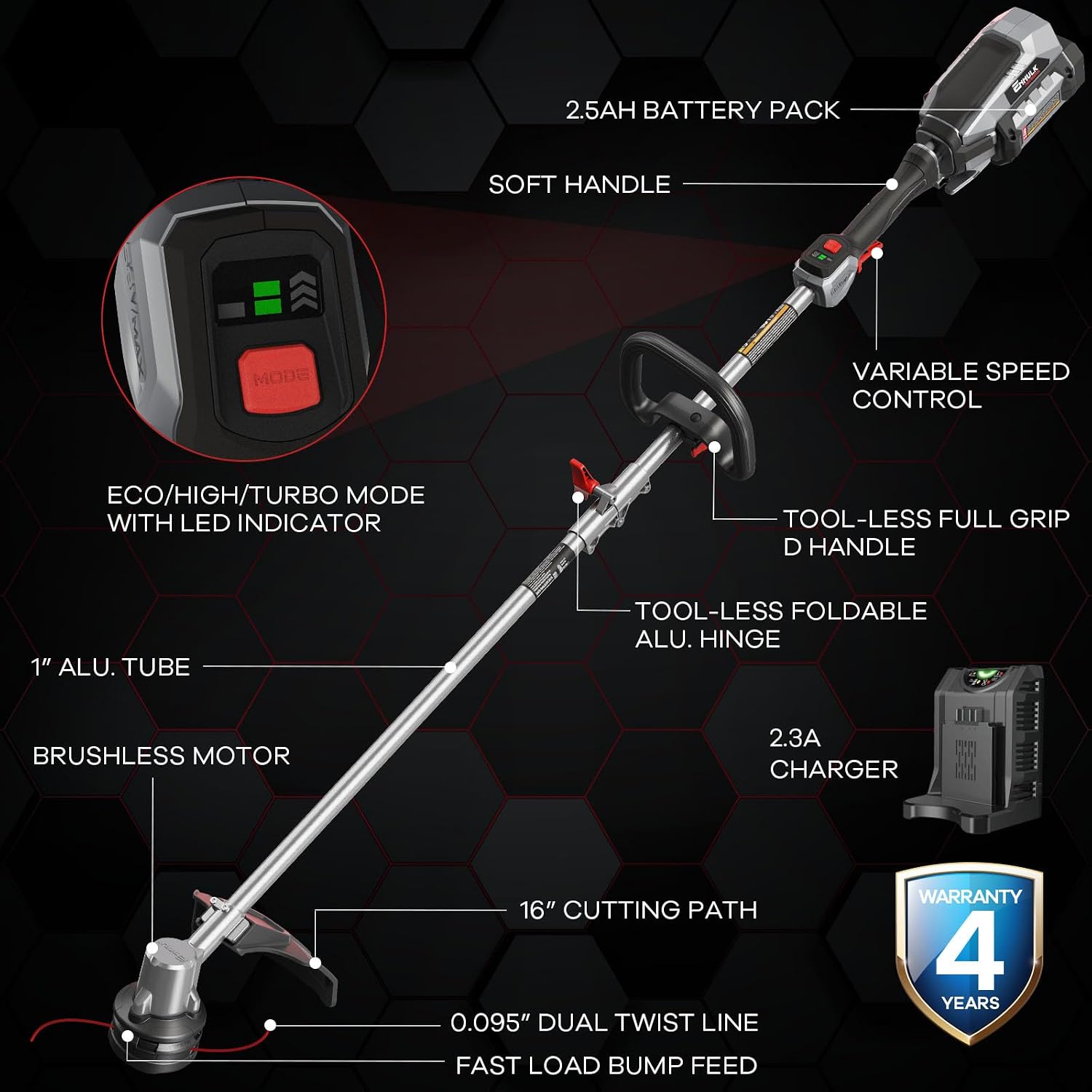 Enhulk 58V 16" Weed Wacker, Brushless with 3-Speed Setting, Weed Eater with Foldable Shaft, EZ-HMI LED Panel, 2.5Ah Battery & Charger Included