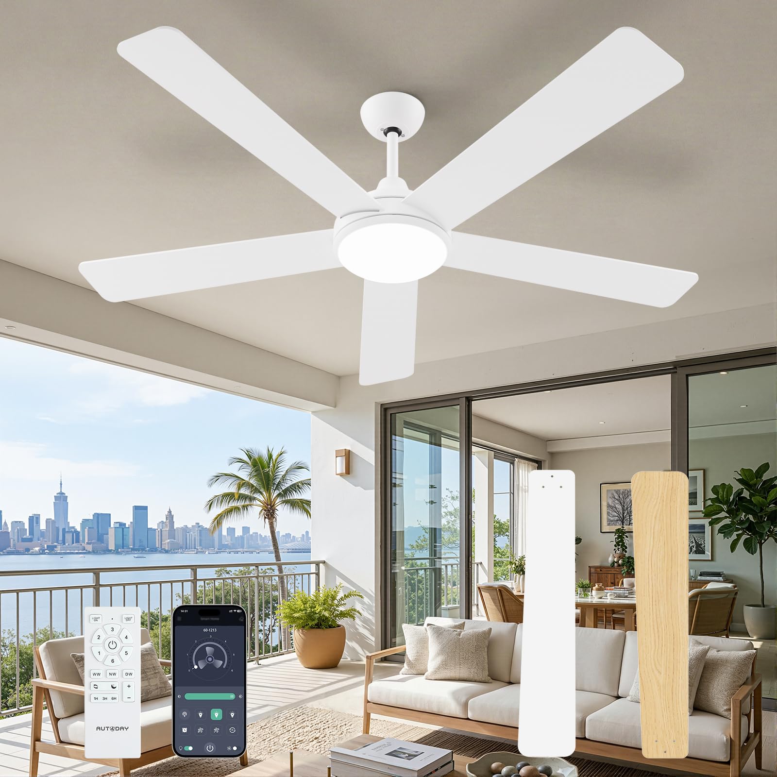 42 Inch Low Profile Ceiling Fan with Light, White Ceiling Fans with Lights and Remote, Flush Mount, 6 Speeds Reversible Quiet DC, 3CCT Dimmable, Indoor Outdoor Ceiling Fans for Patios Bedroom
