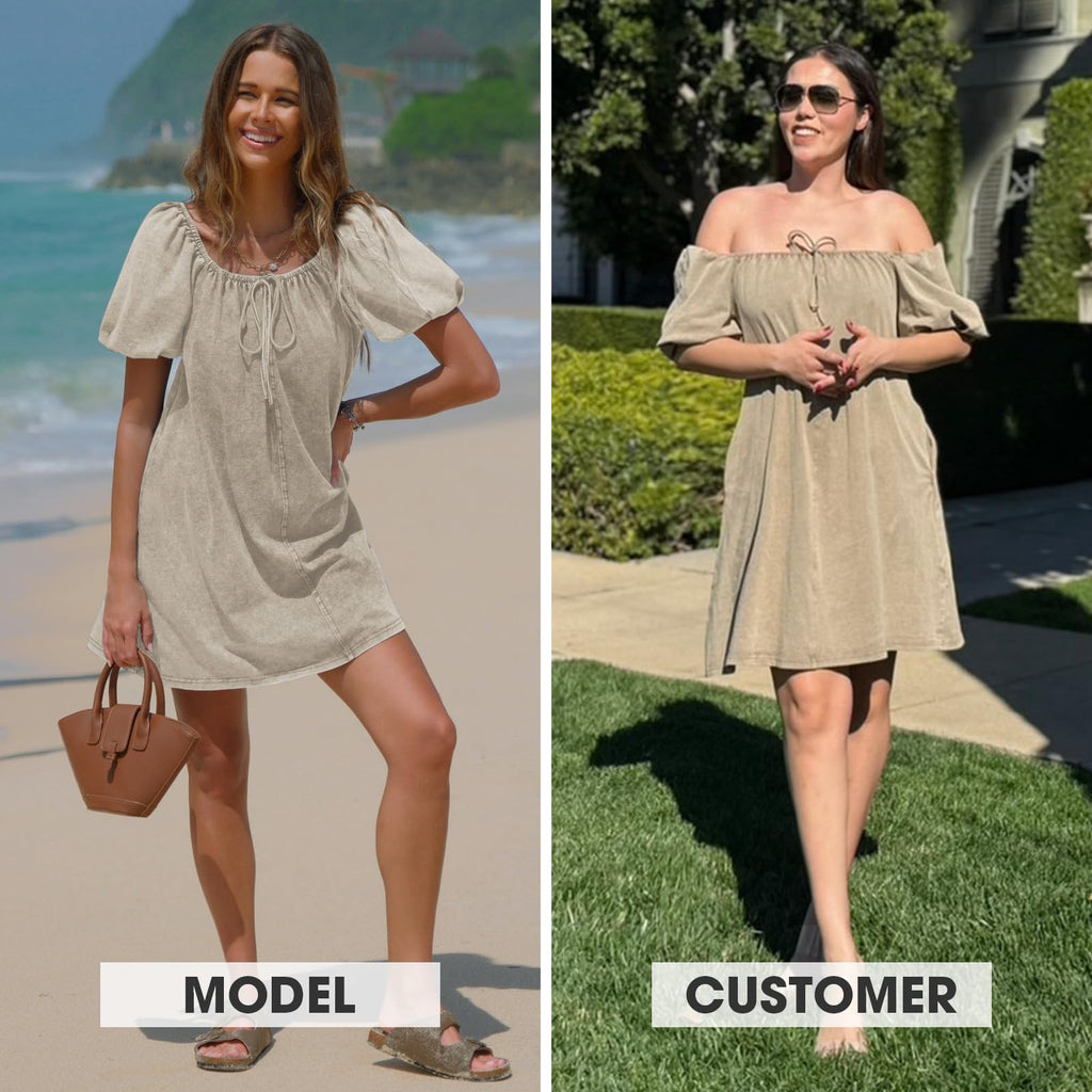 EXLURA Womens Summer Denim Short Puff Sleeve Dresses Knit Loose Plus Size Short Mini Dress 2026 Trendy Spring Outfits