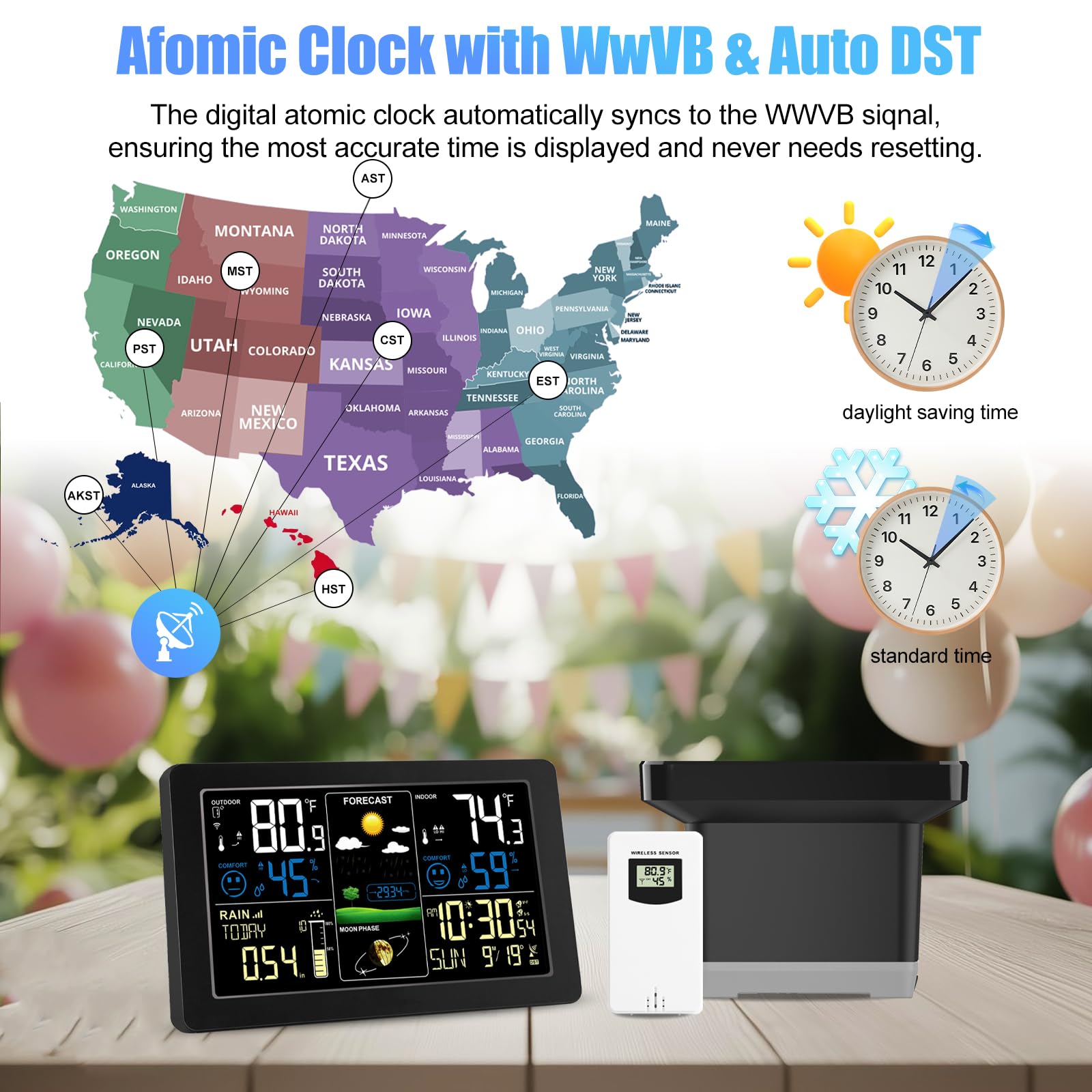 Weather Station with Rain Gauge Outdoor, Home Weather Stations Wireless Indoor Outdoor with Digital Rain Gauges, Thermometer, Barometer, Hygrometer, Atomic Clock, Weather Forecast, with 3 Sensor