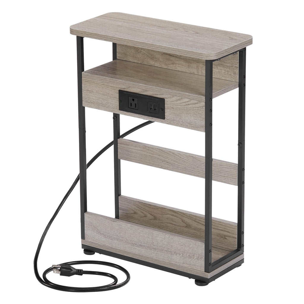 YEAKOO Narrow Side Table with Charging Station, 3-Tier End Table with 2 USB Ports & Power Outlets,Thin Sofa Side Table for Narrow and Small Spaces, Bedside Table Nightstand for Living Room,Black