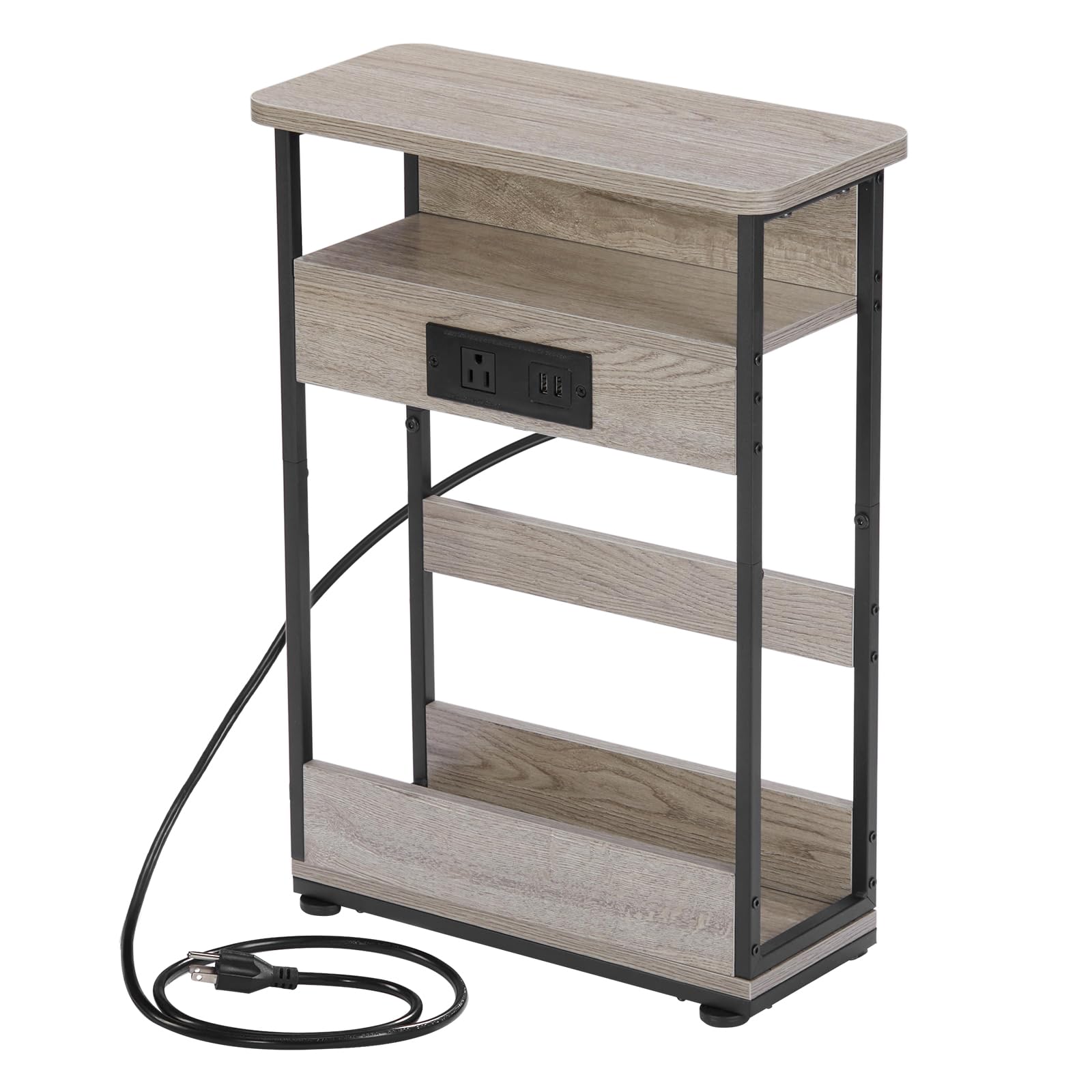 YEAKOO Narrow Side Table with Charging Station, 3-Tier End Table with 2 USB Ports & Power Outlets,Thin Sofa Side Table for Narrow and Small Spaces, Bedside Table Nightstand for Living Room,Black