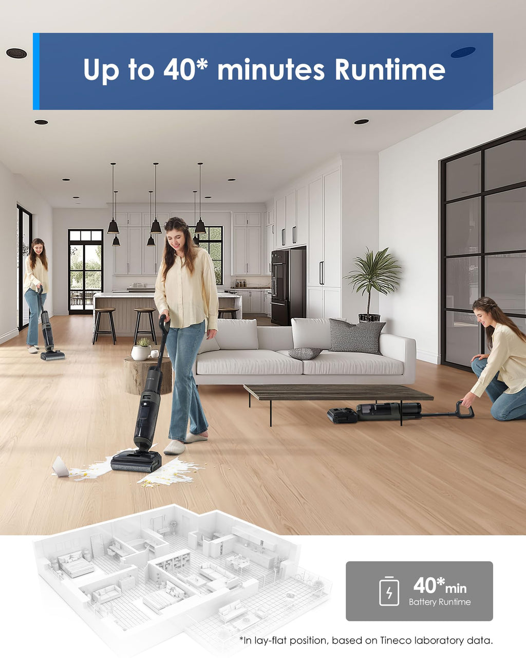 Tineco Floor ONE i5 Stretch Wet Dry Vacuum Cleaner, Vacuum & Mop in One Step, 20kpa Powerful Suction, 180° Lay-Flat Design, Anti-Tangle Design, Dual-Sided Edge Cleaning, Up to 30* Minutes Runtime