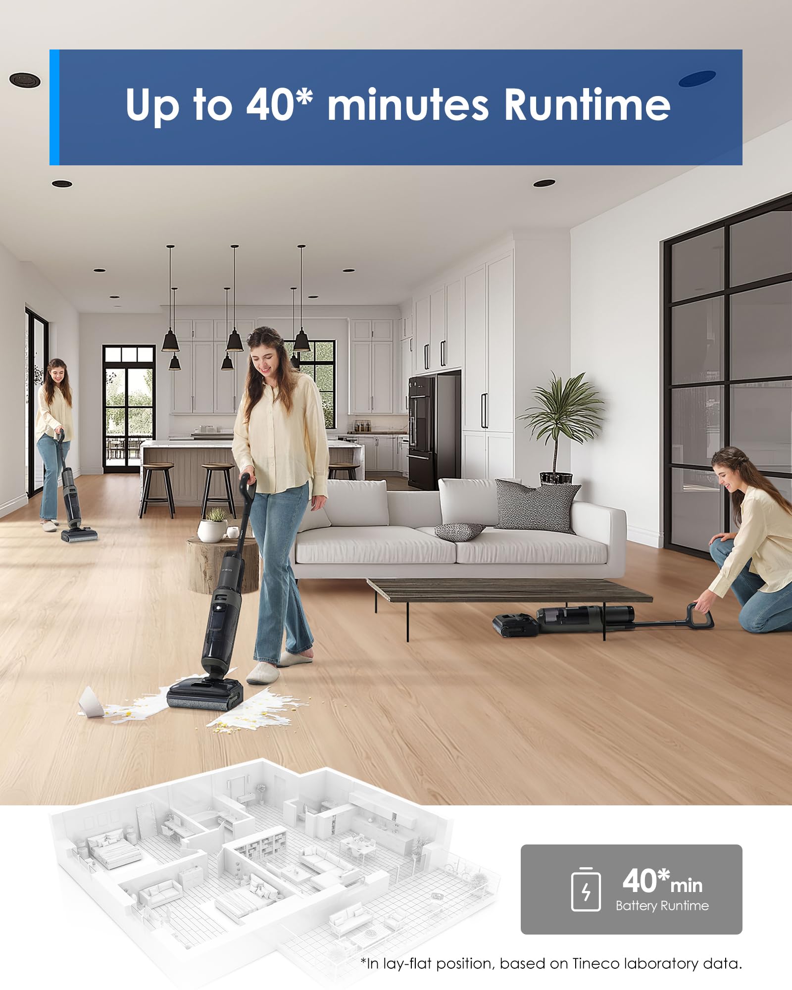 Tineco Floor ONE i5 Stretch Wet Dry Vacuum Cleaner, Vacuum & Mop in One Step, 20kpa Powerful Suction, 180° Lay-Flat Design, Anti-Tangle Design, Dual-Sided Edge Cleaning, Up to 30* Minutes Runtime