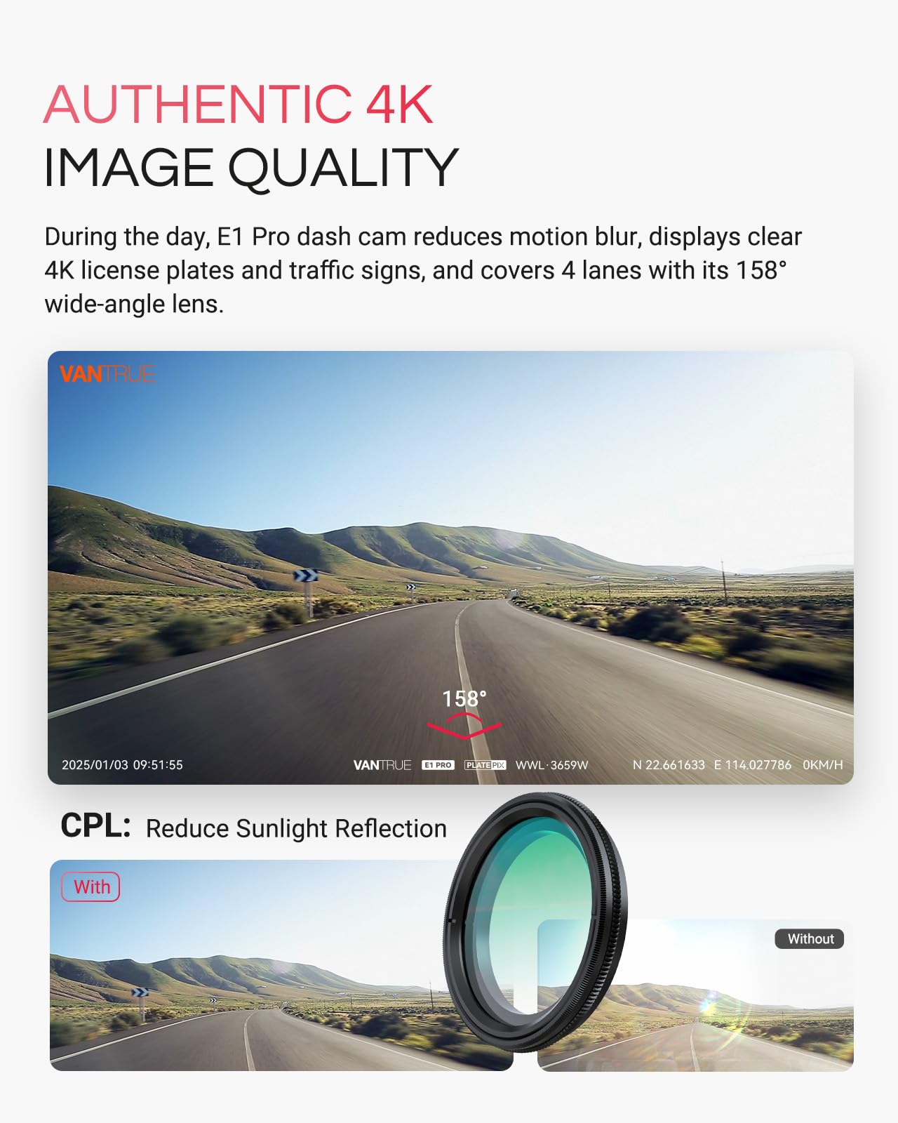 Vantrue E1 Pro 4K Mini Dash Cam Front - STARVIS 2 Night Vision with PlatePix™, HDR Car Camera, Built-in 5.8G WiFi GPS, Voice Control, 24/7 Buffered Parking Mode, Support 1TB Max