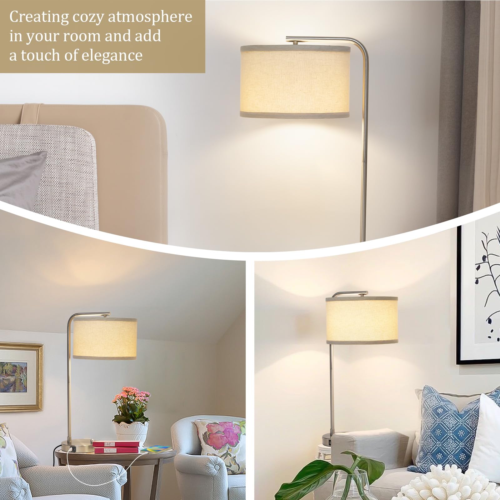 Table Lamps Set of 2, Fully Dimmable Bedside Lamp with USB C+A Charging Ports, Modern Nightstand Lamps with Linen Fabric Shades, Tall Desk Lamp for Bedroom, Living Room, Office, LED Bulb Included