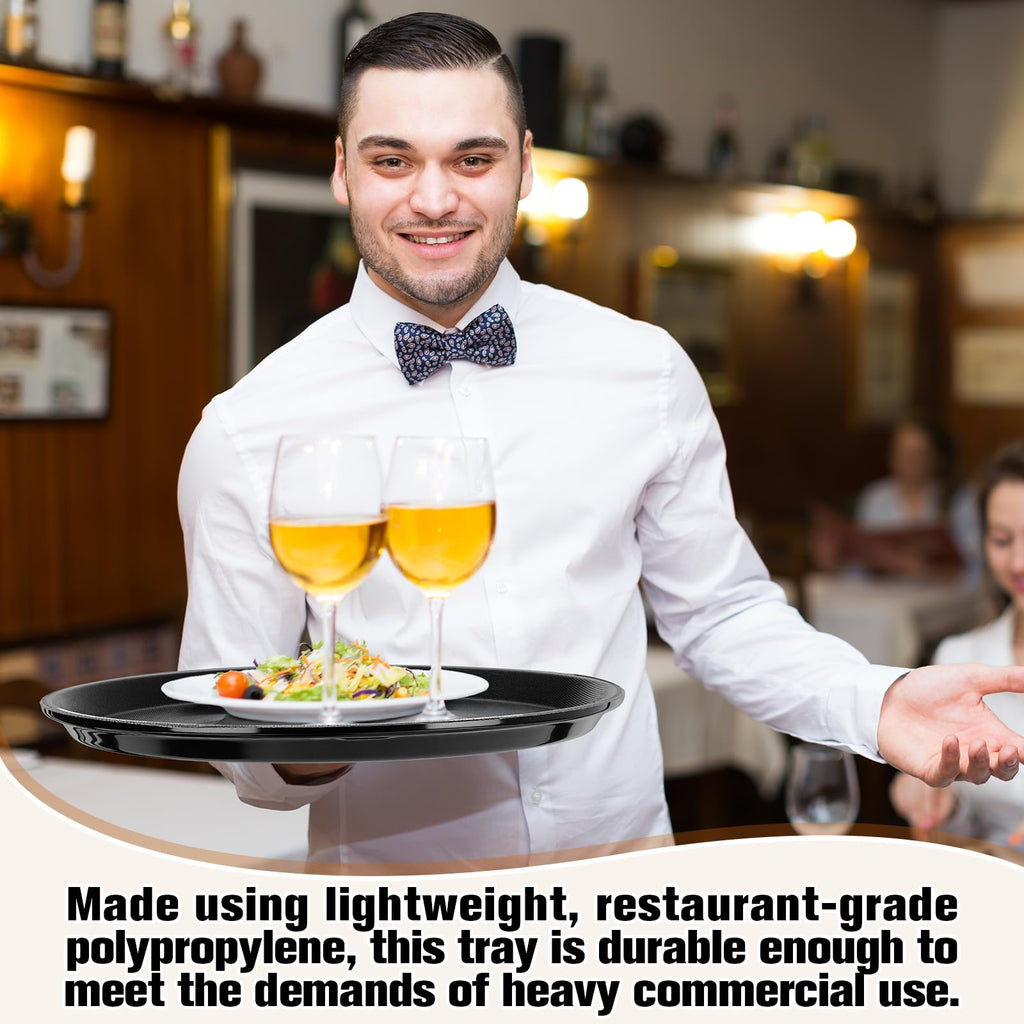 Zopeal 2 Pieces Black Round Restaurant Serving Tray, Plastic Non Slip Surface Food Meals Server Tray with Raised Edges for Home, Kitchen, Restaurant, Cafeteria, Bar (11")