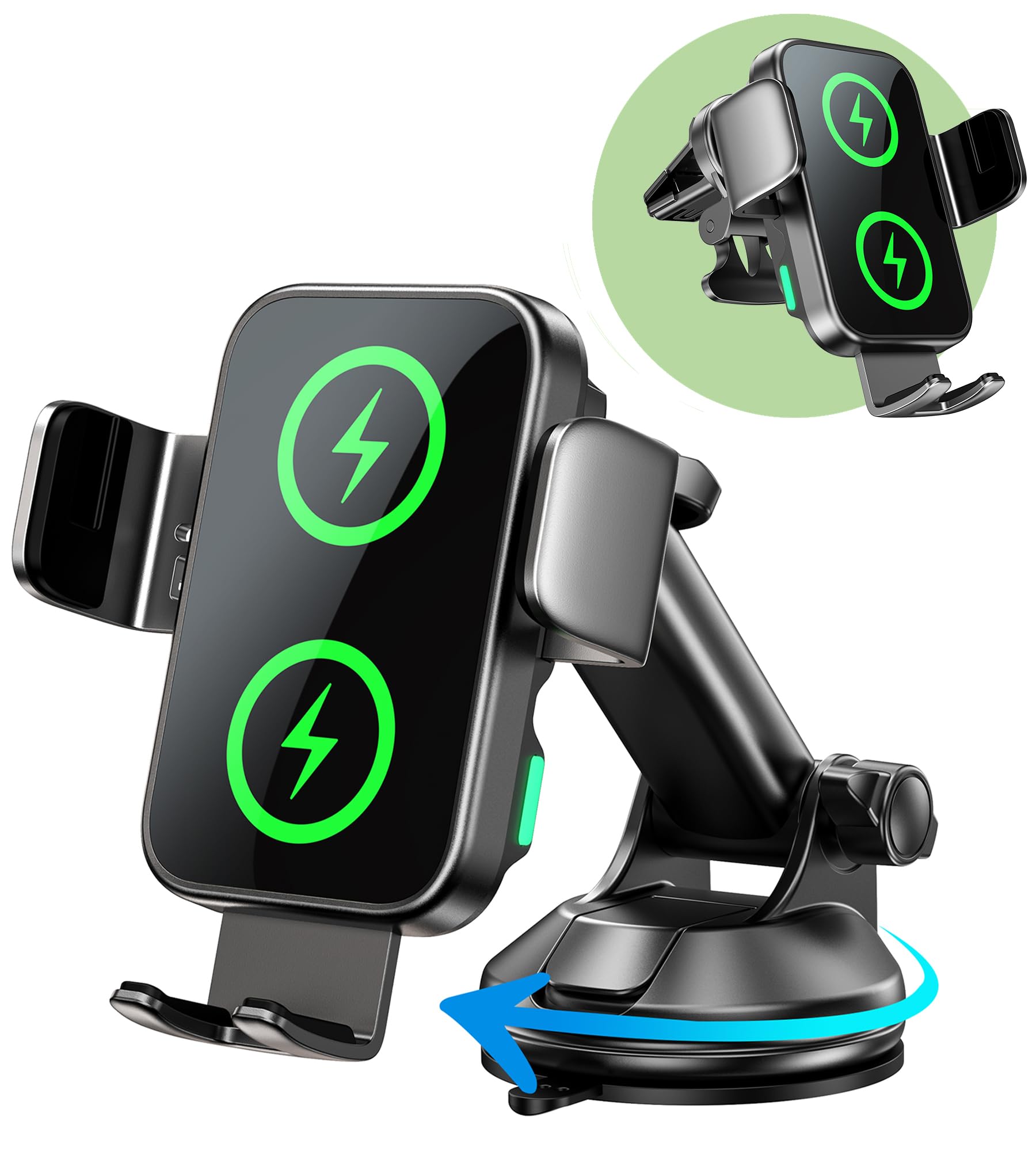 Dual Coil 15W Car Phone Holder Wireless Car Charger -Auto Clamping- Charging Phone Holders for Your Car Dash Vent Windshield, for Flip S25/S24/S23/S22, iPhone 17/16/15/14