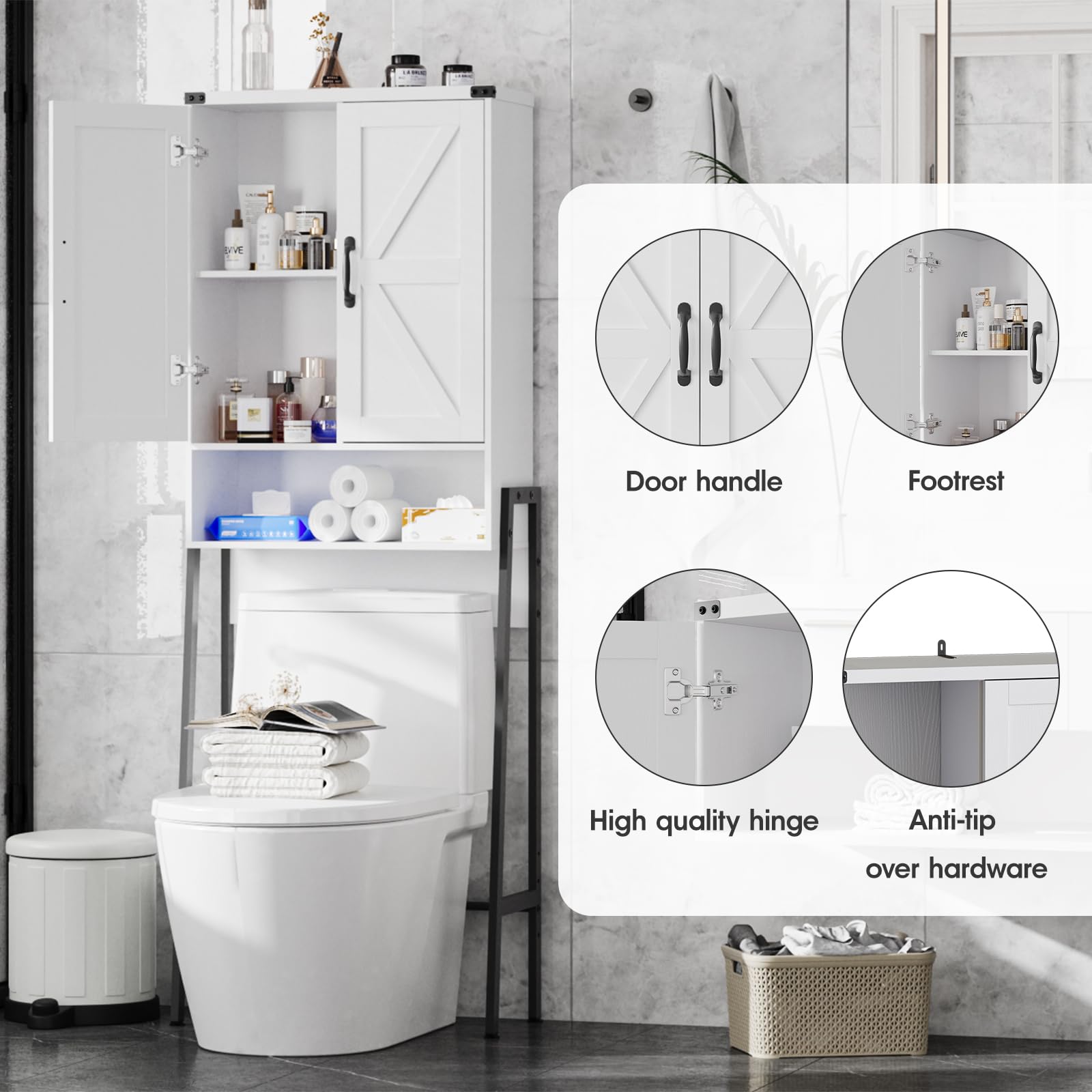 Vabches Over The Toilet Storage Cabinet with 2-Door Design Bathroom Organizers and Storage with Anti-Tip Device Over Toilet Organizer with Shelves for Bathroom,Restroom,Laundry Black