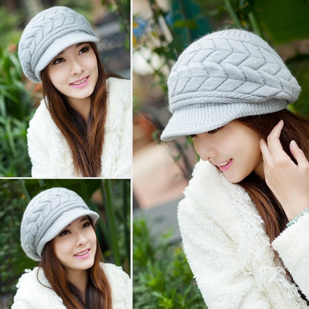 Women Winter Warm Knit Hat Wool Snow Ski Caps with Visor