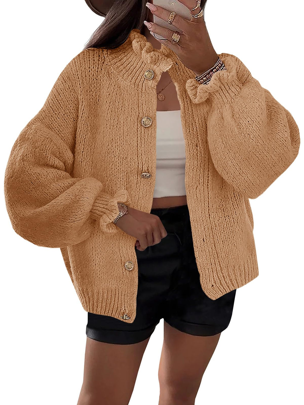 Saodimallsu Womens Ruffle Cardigan Oversized Button Up Fall Trendy Ribbed Knit Open Front Long Sleeve Loose Cute Sweater