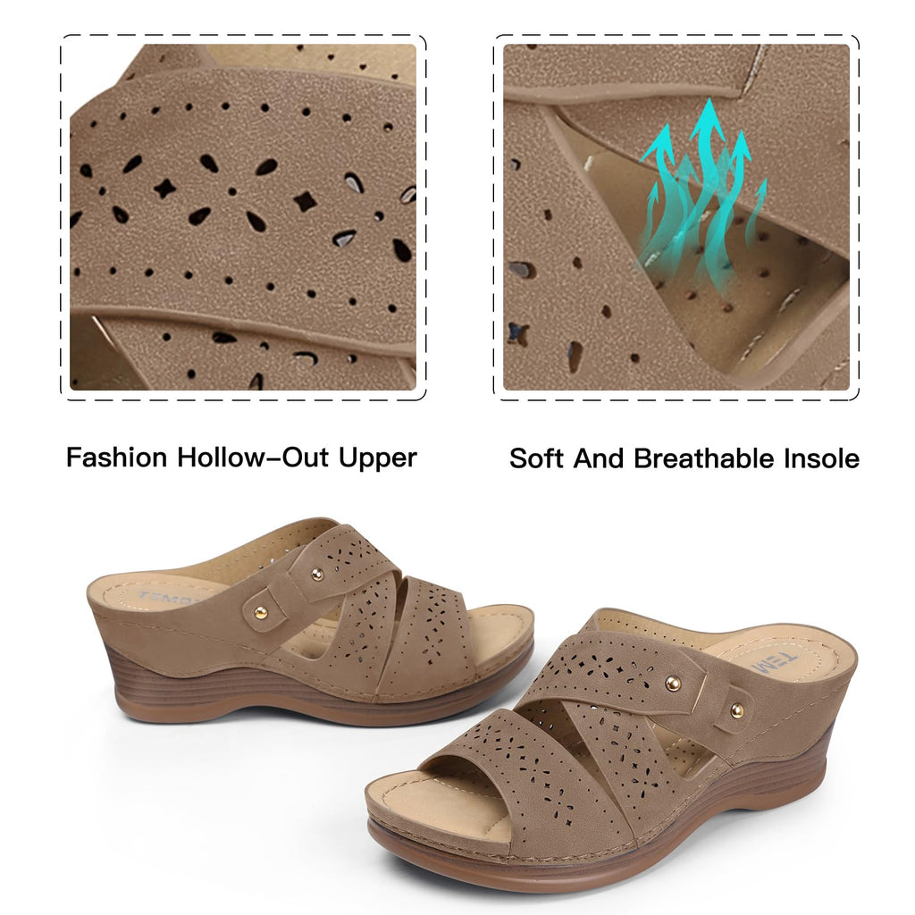 TEMOFON Wedge Sandals for Women Summer: Dressy Low Heel Sandals Black/Navy/White, Comfortable Walking, Arch support, Casual Slip on Summer Shoes, Size 5-11