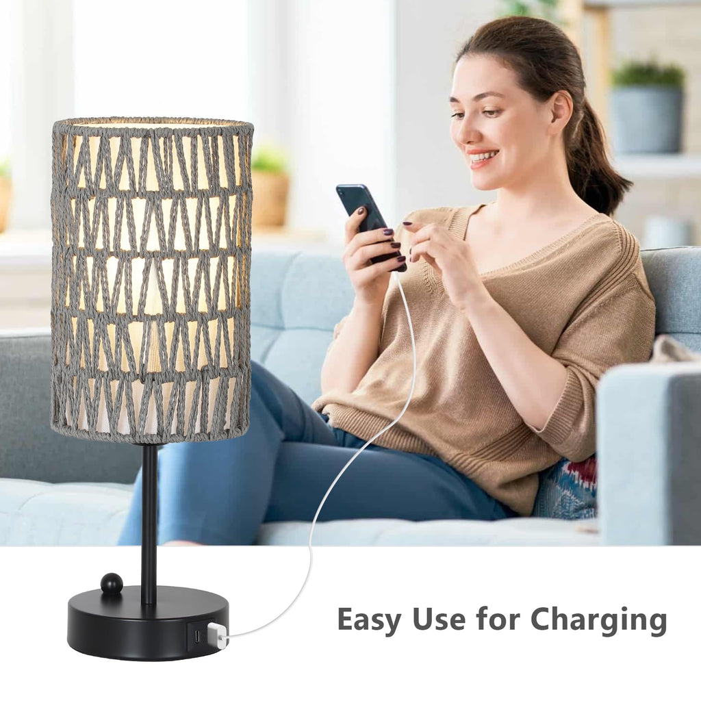 Rattan Bedside Table Lamps Set of 2 - Boho Lamps With 3 Color Temperatures & USB AC Port, Pull Chain Table Lamp For Bedroom, Cute Small Lamp For Nightstand Office Desk Bed Side End Table Living Room