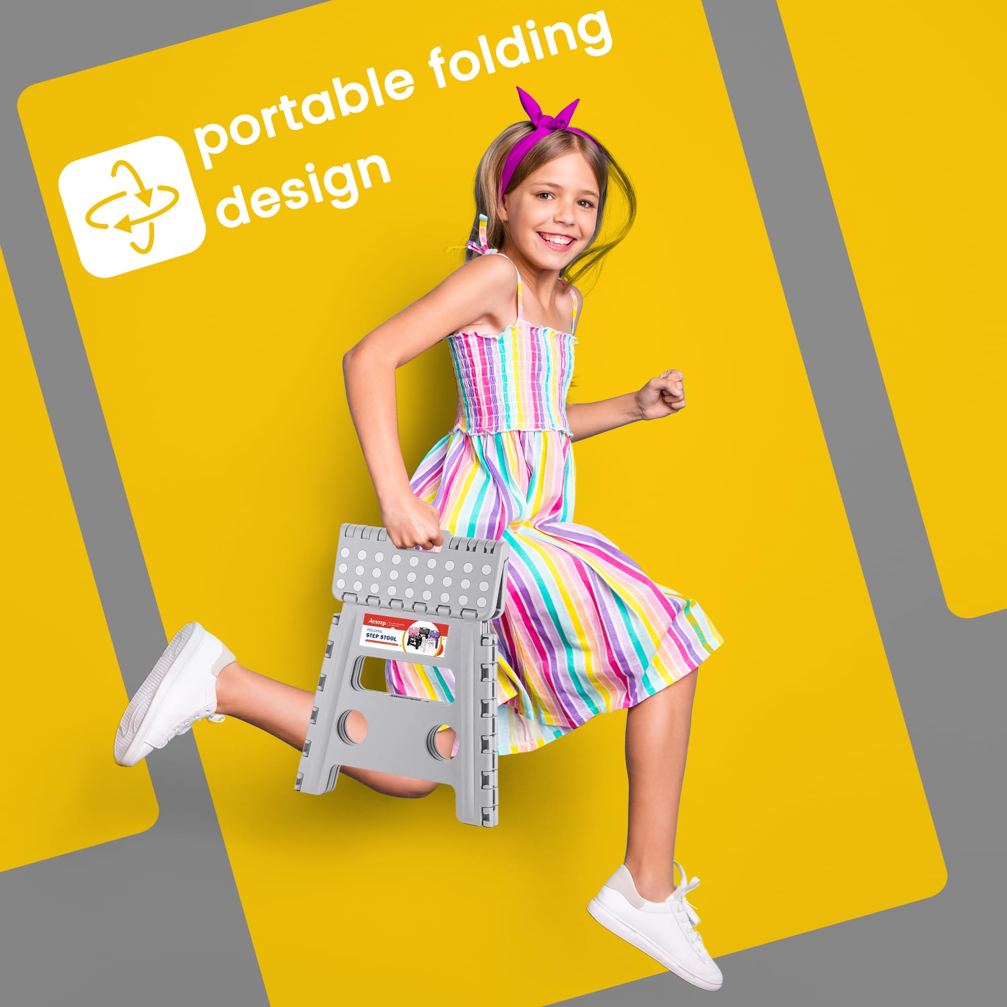 ACSTEP 9 Inch Folding Step Stool 300 LB Capacity Plastic Foldable Step Stools for Kids and Adults, Folding Stool Suitable for Kitchen, Stepping Stool with Handle Bicolor Green Small Step Stool 1PC
