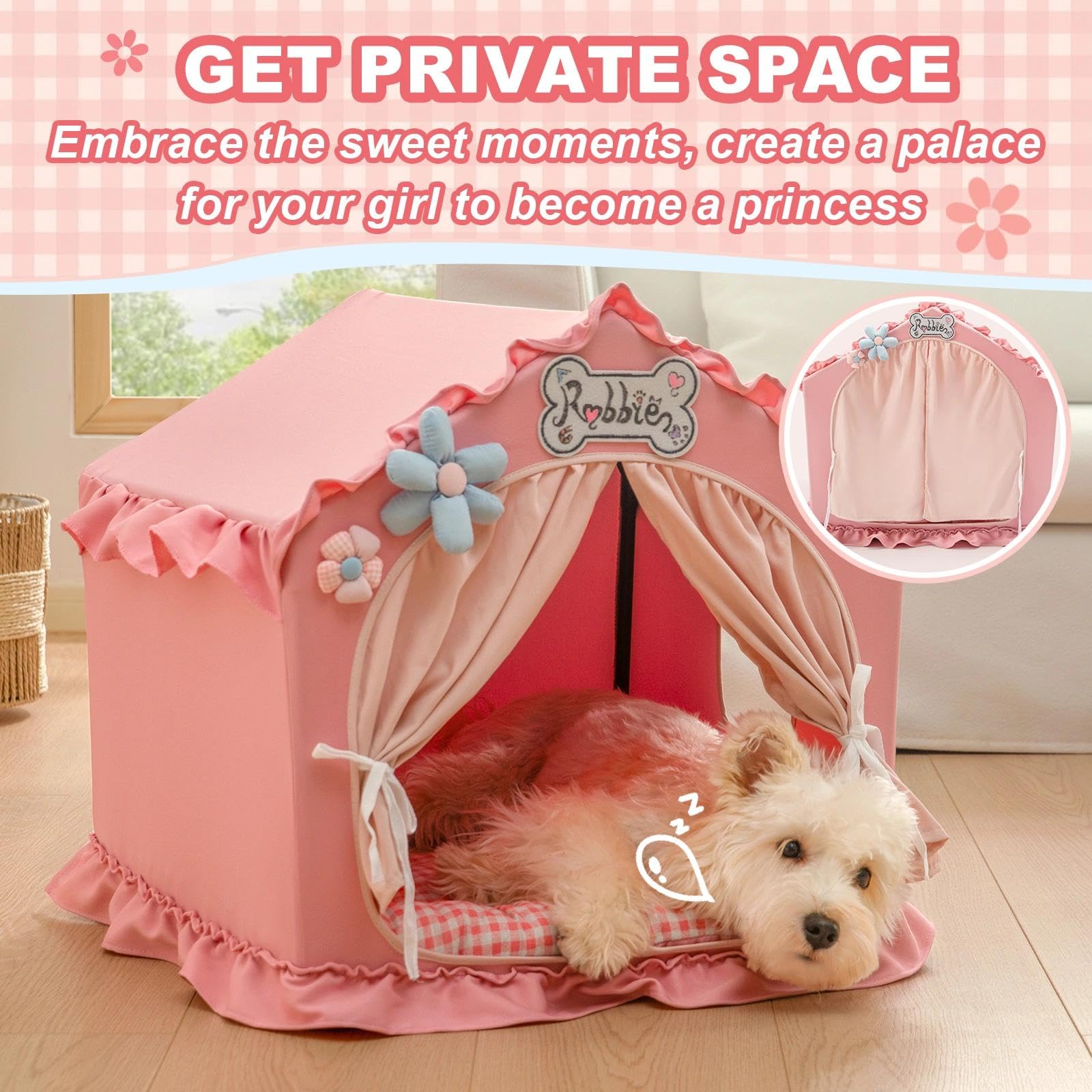 Jiupety Indoor Dog House with Frame, Cute Dog Tent Bed with Cover Cave, Breathable, Washable, and Foldable House, Suitable for 10-20 Lb Puppy and Cats, Medium (17"×17"×17"), Beige