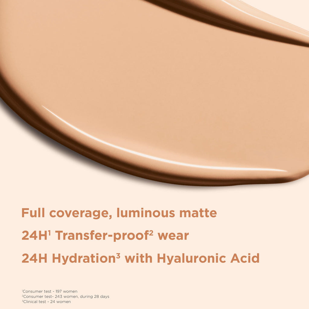 Clarins Skin Illusion Longwear Full Coverage Foundation|Luminous Matte Finish|24H Hold and 24H Hydration|Natural Looking|Transfer, Sweat and Smudge Proof| Contains Hyaluronic Acid|1 Fl Oz