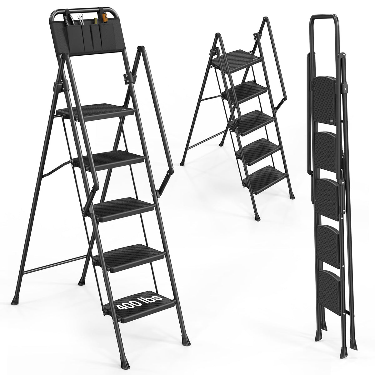 LUISLADDERS 3 Step Ladder with Handrails, Folding Step Stool with Widened Anti-Slip Pedal, 500lbs Lightweight Step Ladder 3 Step Folding, Multi-use for Home Kitchen Pantry Office, Black