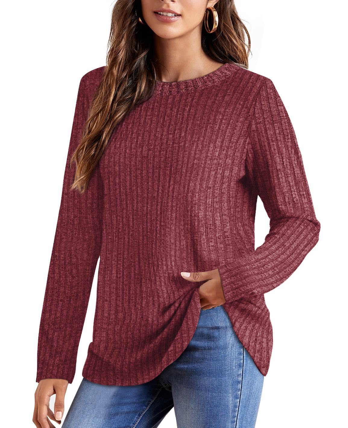 OFEEFAN Long Sleeve Shirts for Women Loose Fit Crew Neck Tunic Tops Blouse Dressy Casual Fall Winter Clothes Outfits