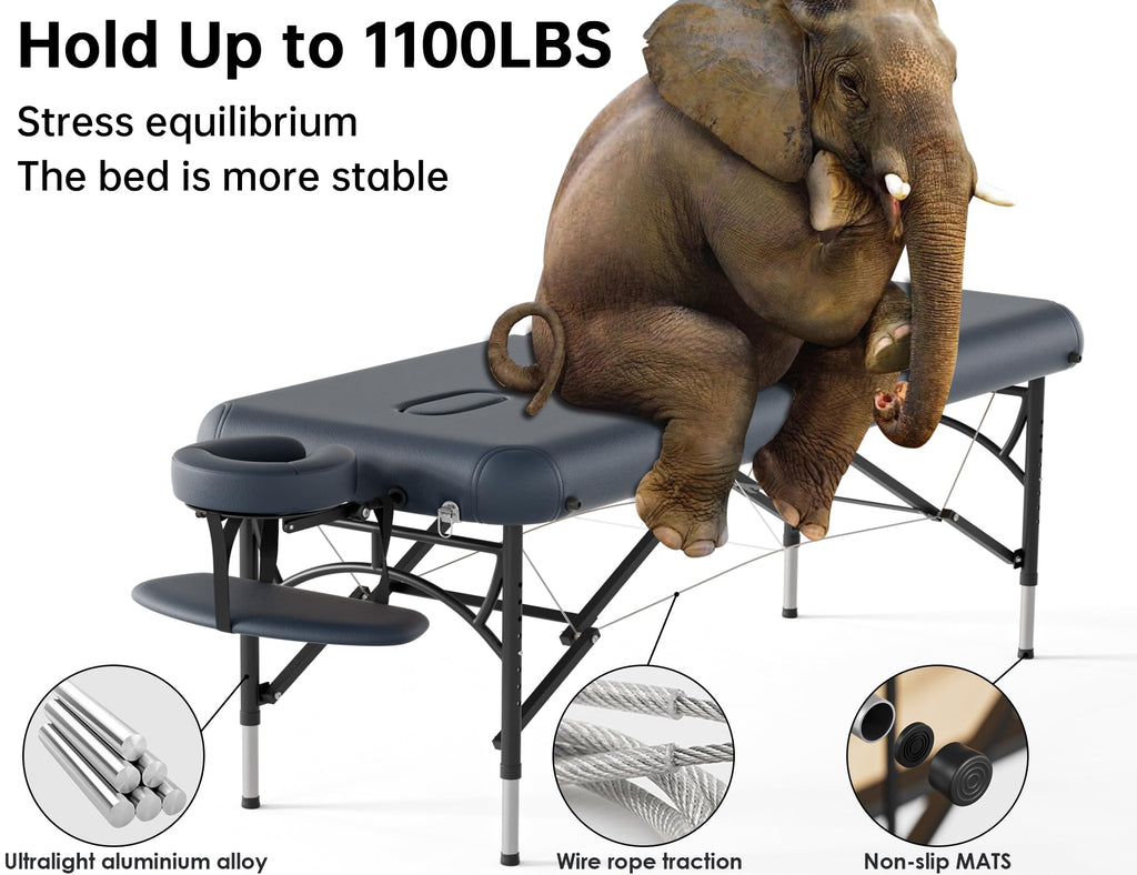 CLORIS 84" Professional Massage Table Portable Reinforced Wooden Leg 2 Folding Lightweight Spa Salon Tattoo Massage Bed Height Adjustable Hold Up to 1100LBS with Carrying Bag Black