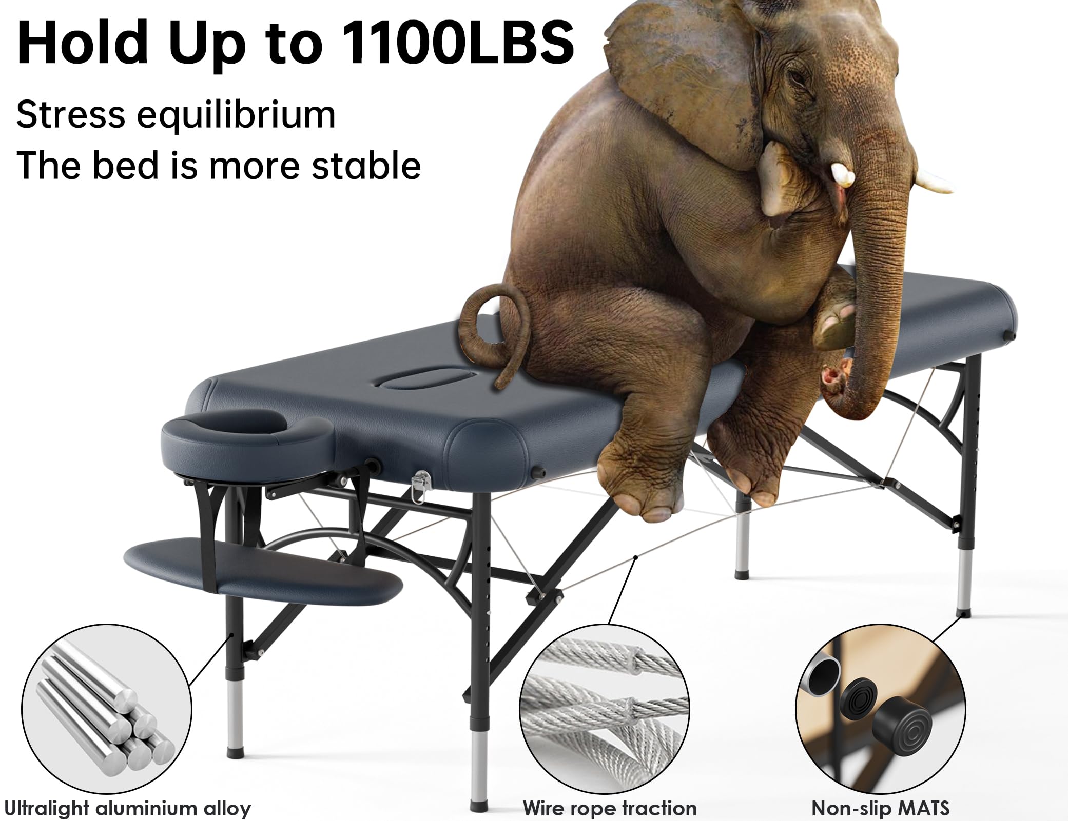 CLORIS 84" Professional Massage Table Portable Reinforced Wooden Leg 2 Folding Lightweight Spa Salon Tattoo Massage Bed Height Adjustable Hold Up to 1100LBS with Carrying Bag Black