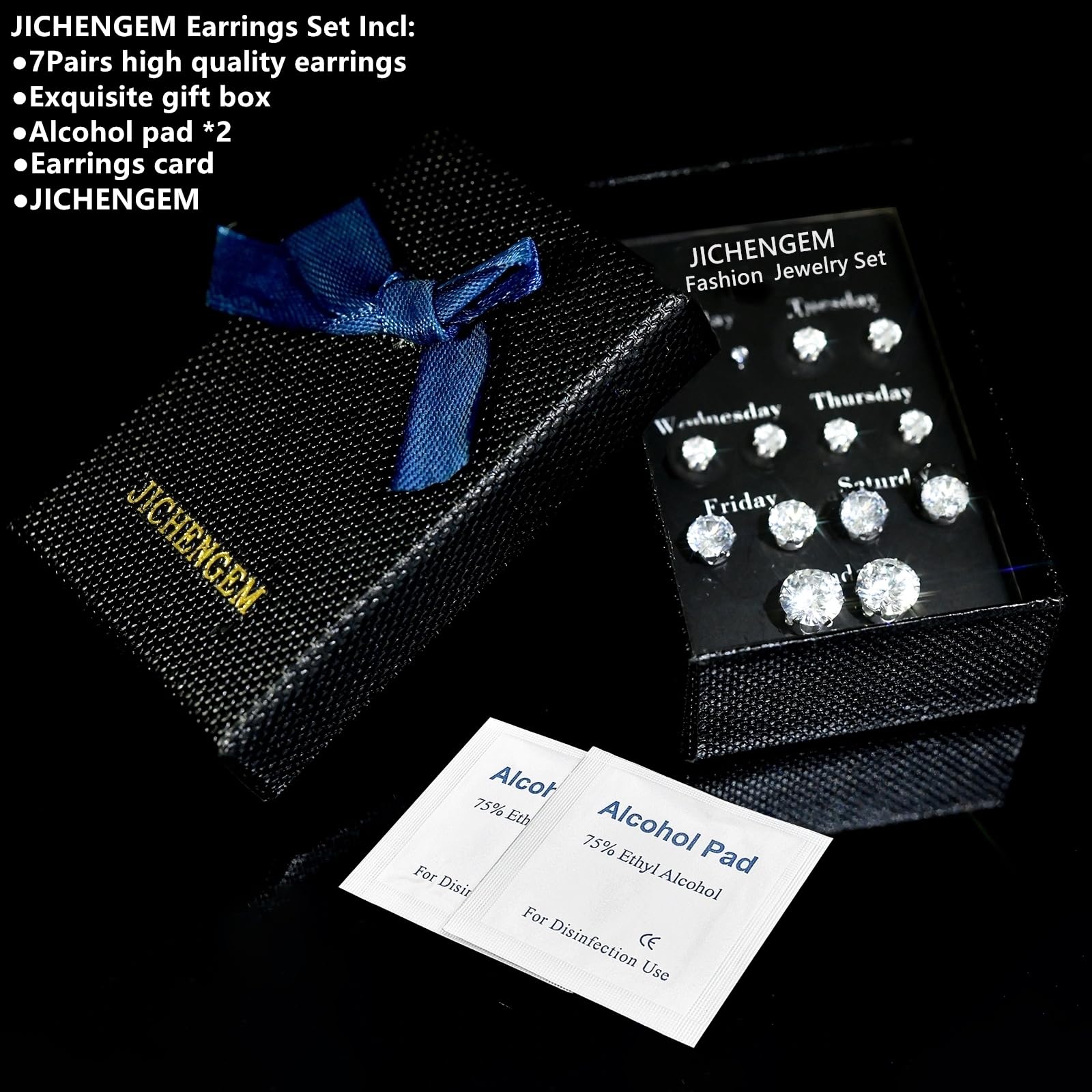 Silver Gold Black Stud Earrings Set 7Pairs Hypoallergenic Cubic Zirconia Titanium Stainless Steel Silver Rose Gold Black CZ Cartilage Stud Earrings Jewelry Sets for Women Men, 2-8mm CZ Stud Earrings