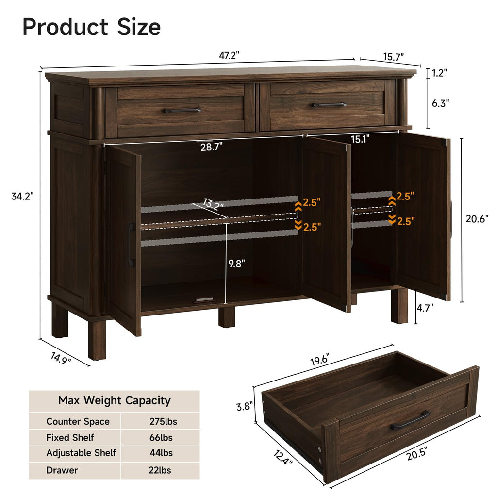 ONBRILL 48 Inches Buffet Cabinet with Storage, Farmhouse Sideboard Buffet w/2 Drawers and 3 Doors, Wood Coffee Bar Cabinet with Adjustable Shelves, Sideboard Storage for Kitchen, Living Room, Black