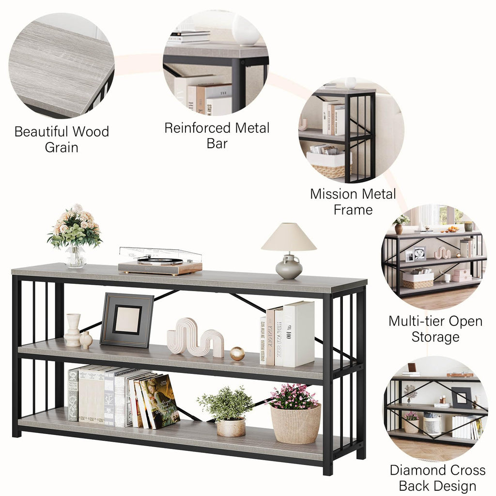 LVB Black Console Table, Modern Entryway Table for Hallway Living Room, Industrial Sofa Table Behind Couch, Farmhouse Wooden Metal Entry Table for Foyer with 3-Tier Storage Shelves, Black Oak, 55 Inch