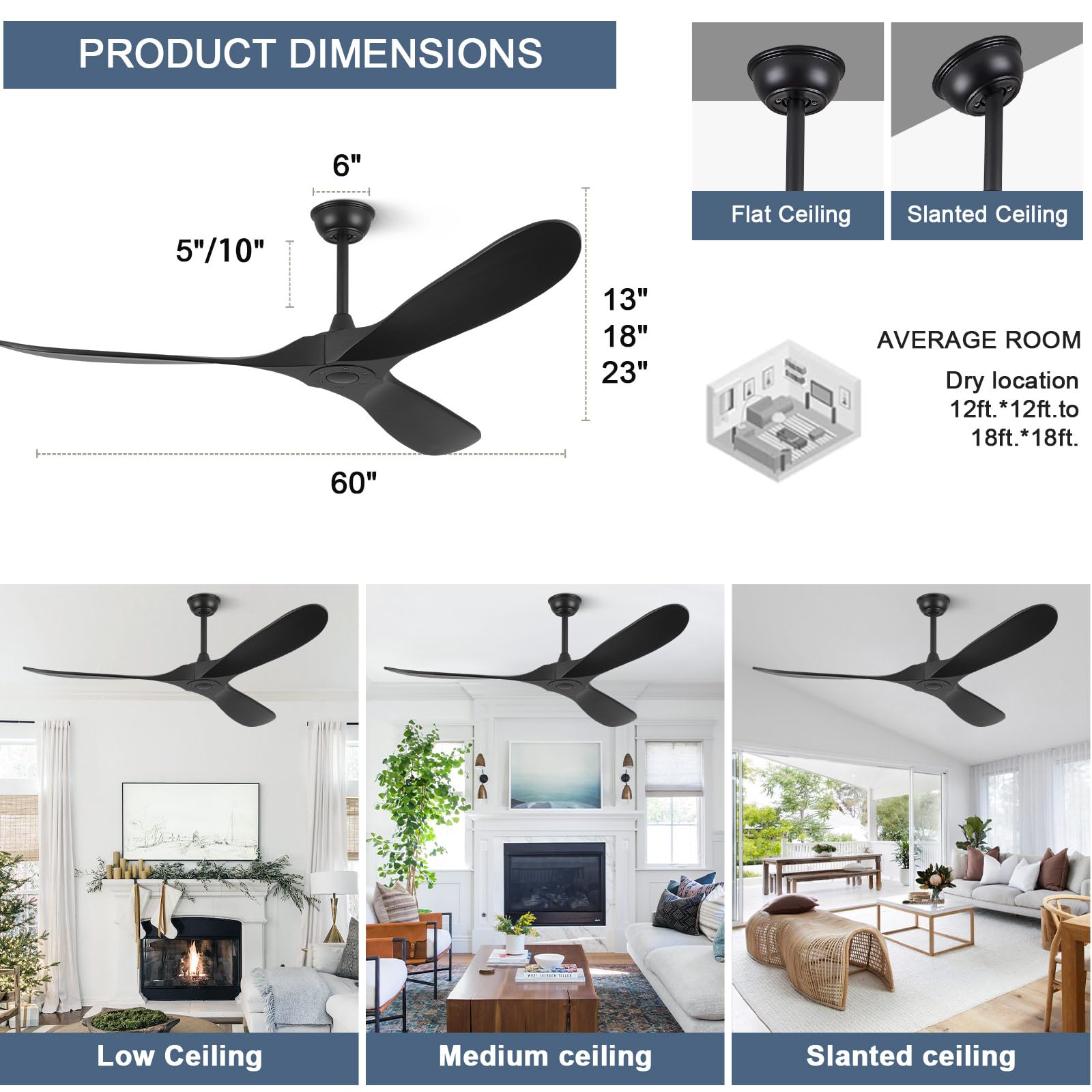 ABZ Ceiling Fans without Lights - 52 Inch Modern Ceiling Fans no Lights with Remote Control, Black 3 Blade Solid Wood Indoor Outdoor Ceiling Fans for Patios Living Room Bedroom