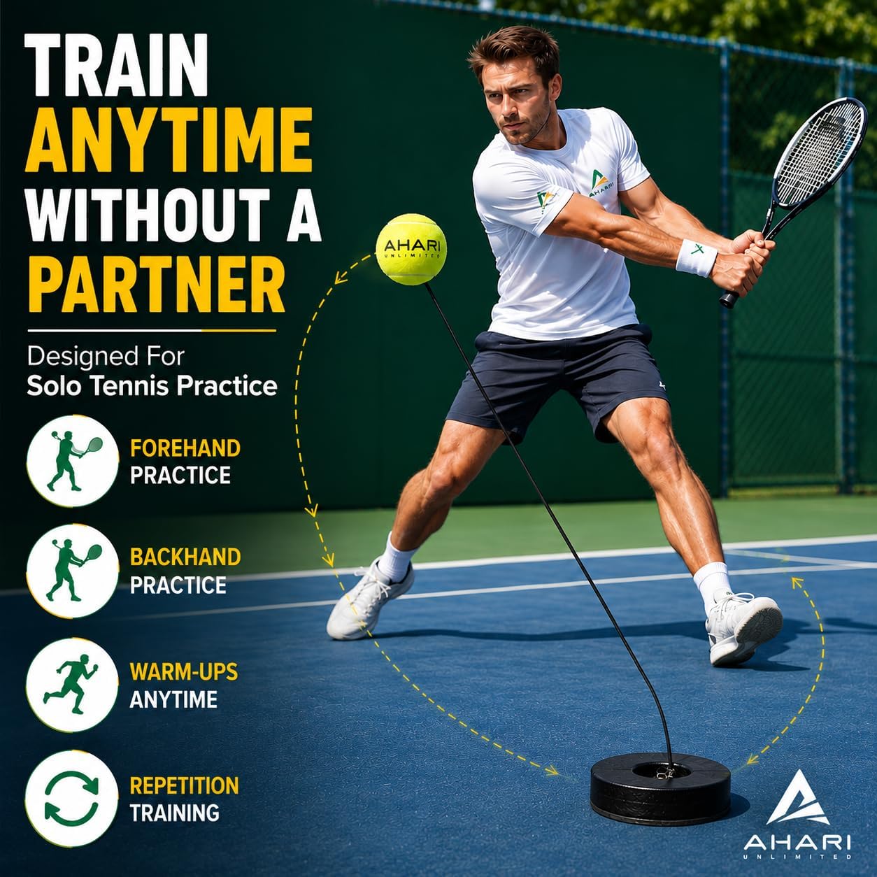 Premium Tennis Trainer Set, Pro Rebounder with Metal Base in a Carrying Cylinder, 3 Replacement Rebound Balls, & Wristband, Portable Tennis Practice Equipment for Solo Training