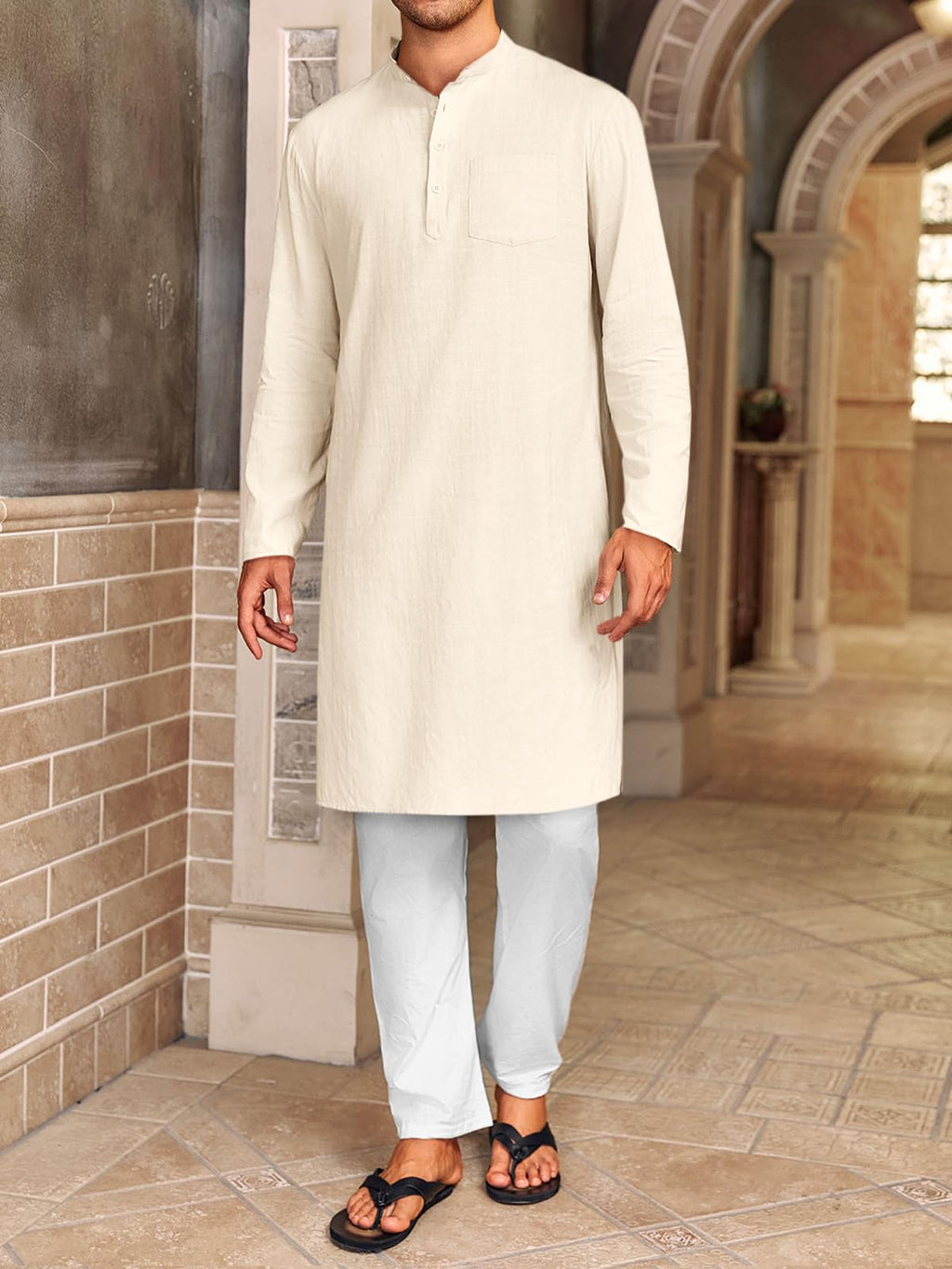 Gafeng Mens Kaftan Robe Button Down Long Sleeve Henley Cotton Thobe Casual Side Split Gown Shirt