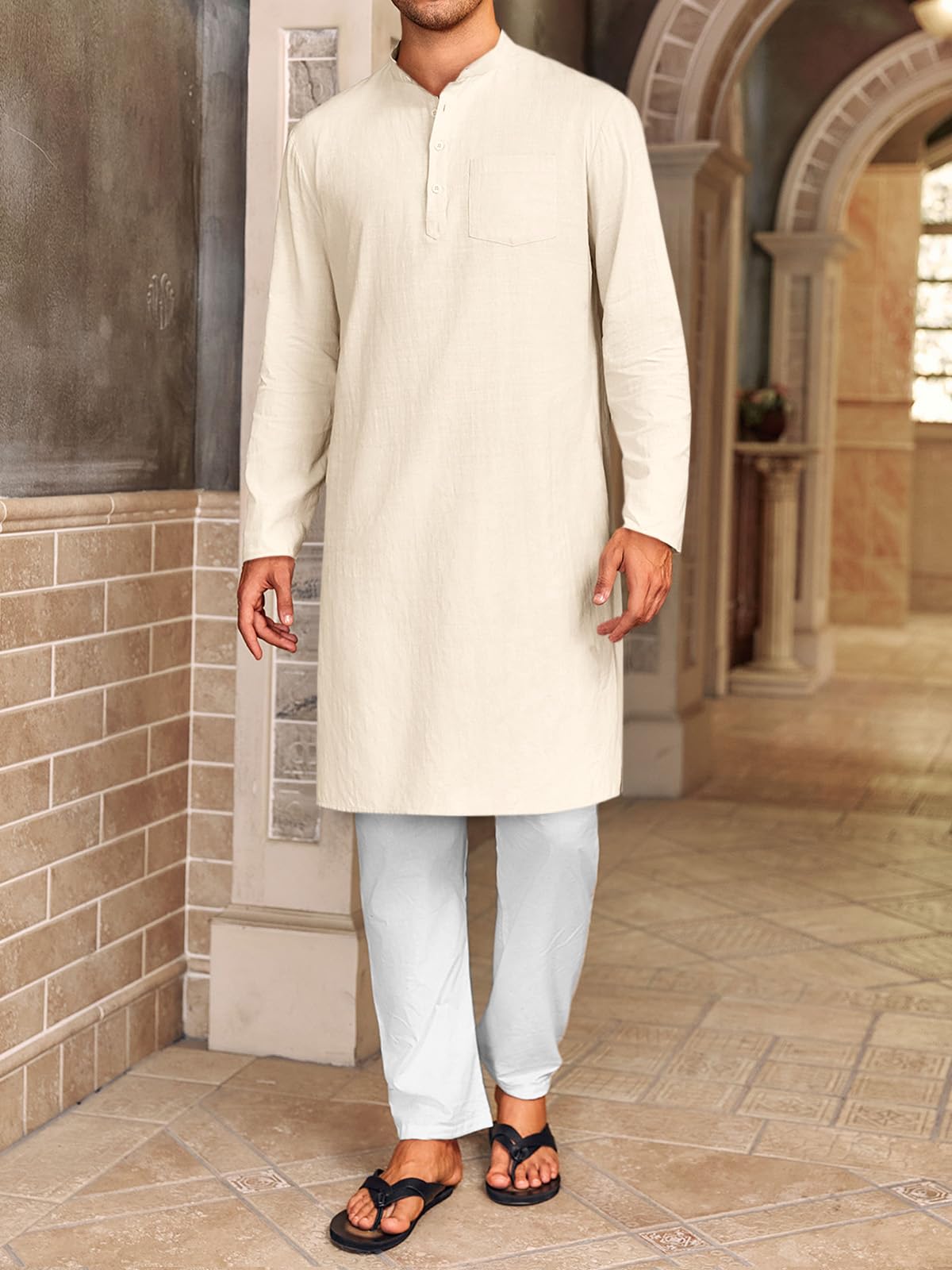 Gafeng Mens Kaftan Robe Button Down Long Sleeve Henley Cotton Thobe Casual Side Split Gown Shirt