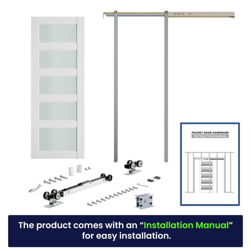 Sliding Pocket Door 24" x 80", 5-Panel Frosted Glass Panel with Soft Close Pocket Door Frame Kit, Interior & Closet Pre-Assembled Door Slab, White Primed