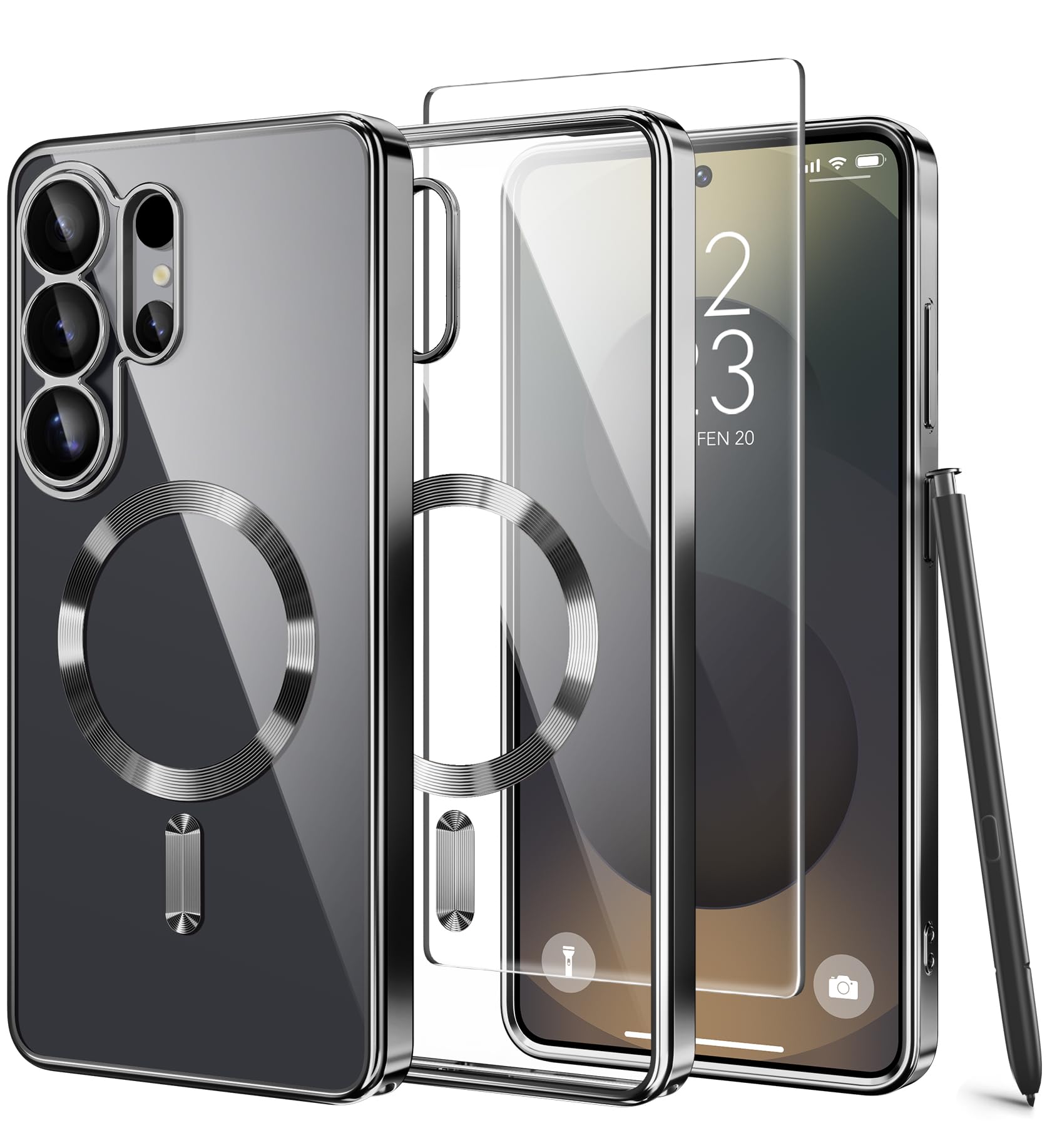 Magnetic Case Compatible with Samsung Galaxy S25 Ultra,Compatible with MagSafe,[Full Camera Protection][Screen Protector] Shockproof Plating Clear Phone Cover for Galaxy S25 Ultra(Black/Clear)